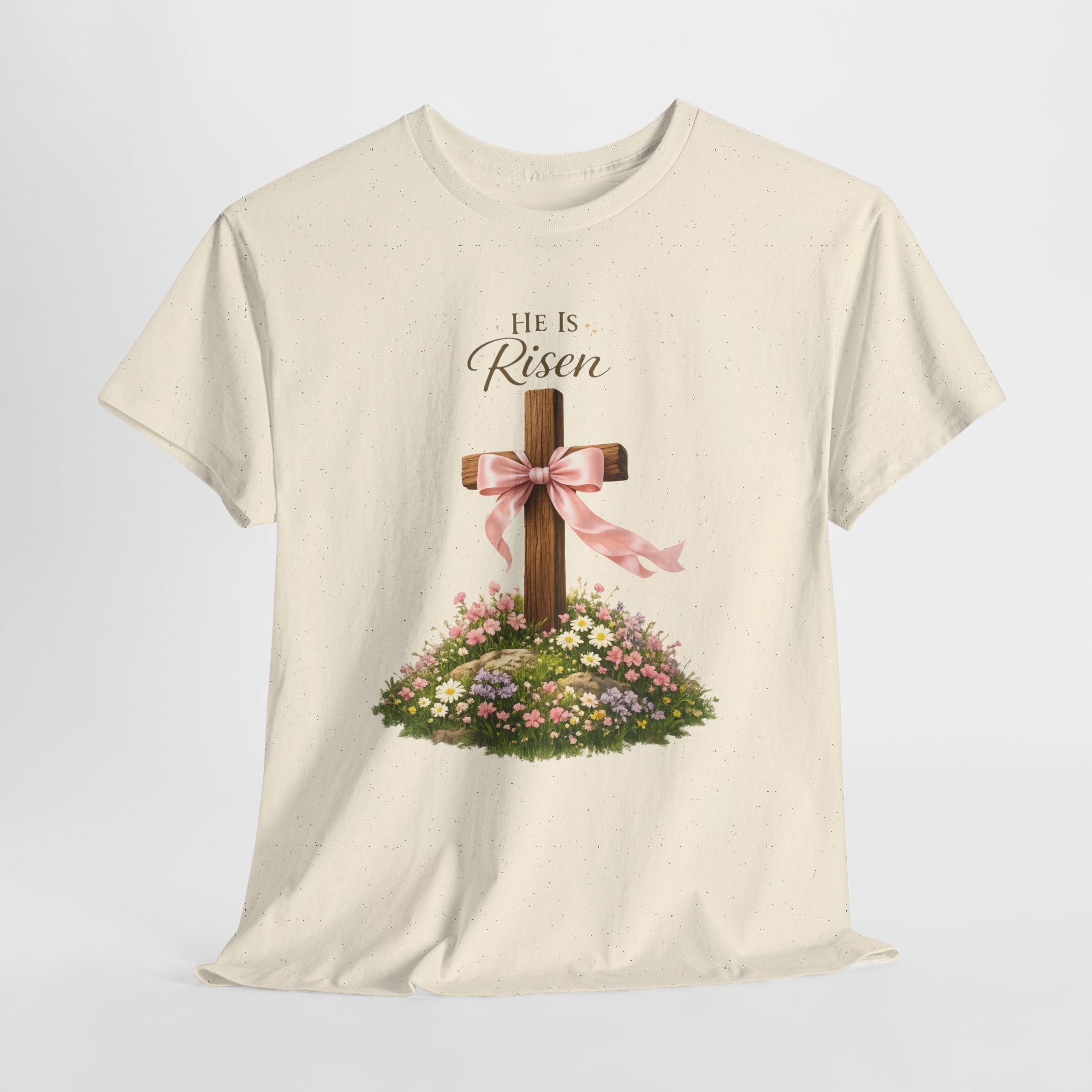 He Is Risen Shirt – Christian Easter Cross with Pink Bow Floral Graphic Tee, Faith-Based Inspirational T-Shirt for Women