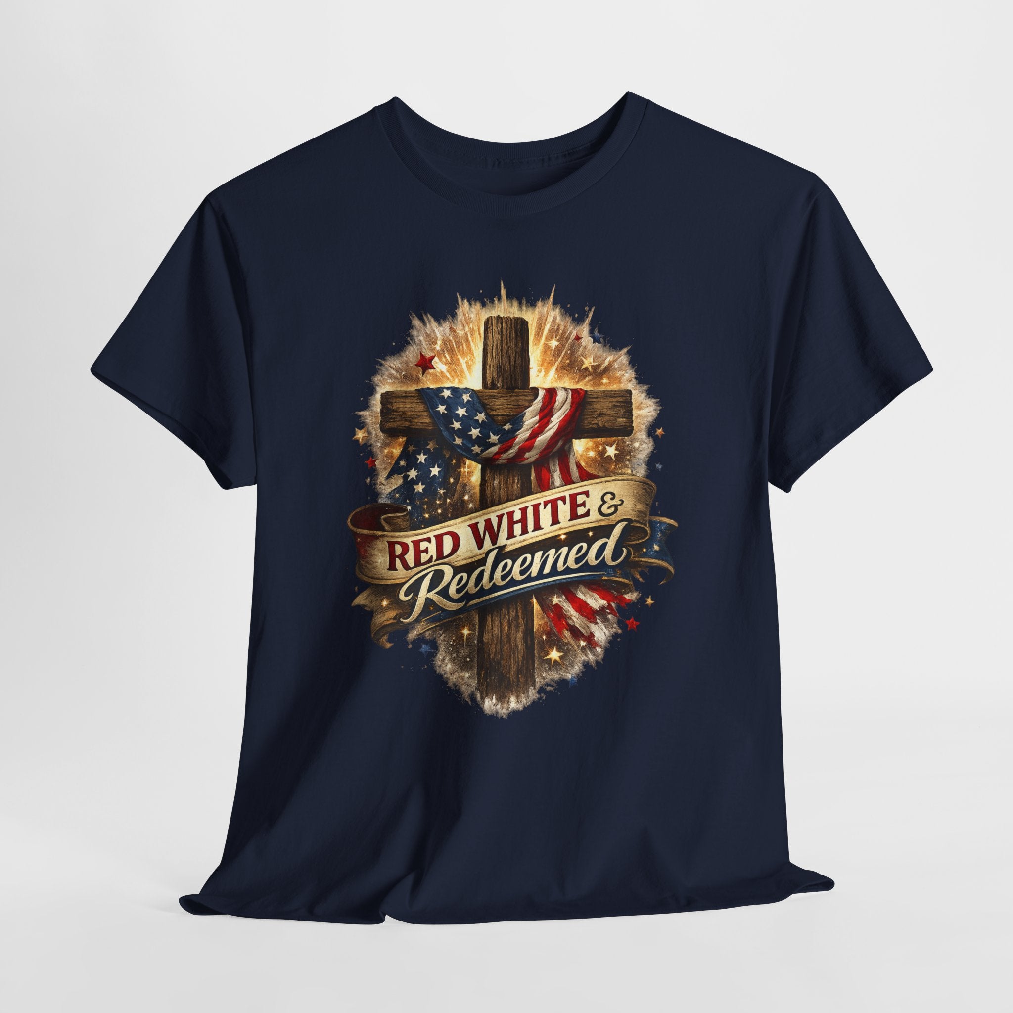 Red White & Redeemed Christian Patriotic Shirt, American Flag Cross Faith Tee, 4th of July Jesus Graphic T-Shirt