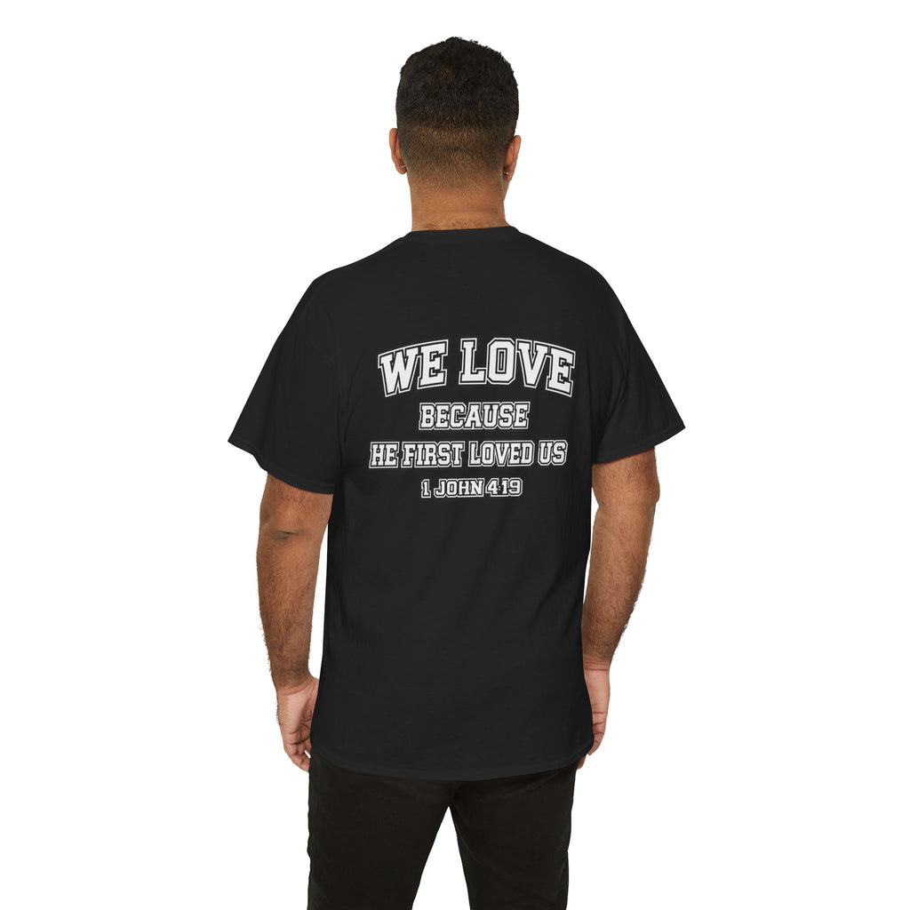 Hubby Est 2/27/23 Shirt – Christian Husband Tee – 1 John 4:19 Bible Verse on Back – Faith Based Anniversary Gift for Him