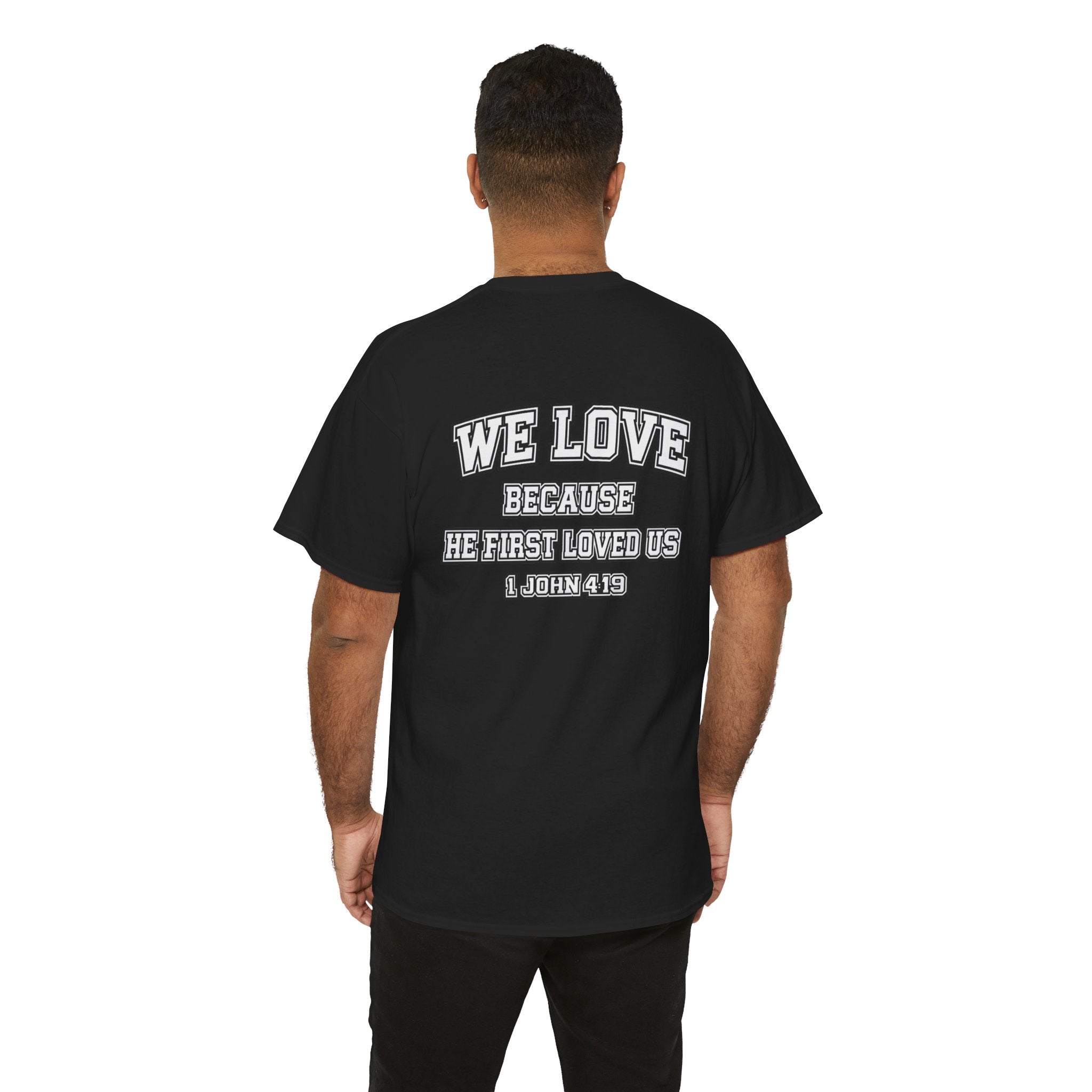 Hubby Est 2/27/23 Shirt – Christian Husband Tee – 1 John 4:19 Bible Verse on Back – Faith Based Anniversary Gift for Him