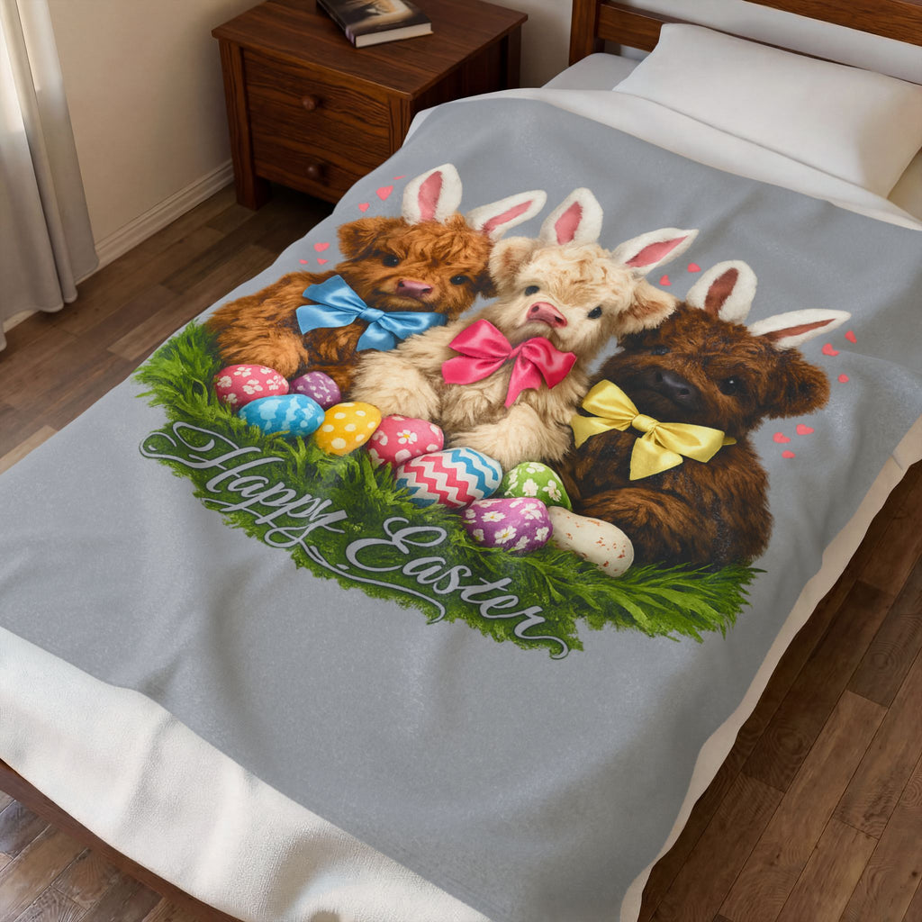 Highland Cow Easter Throw Blanket – Cute Baby Cow with Bunny Ears & Easter Eggs – Soft Spring Farmhouse Blanket