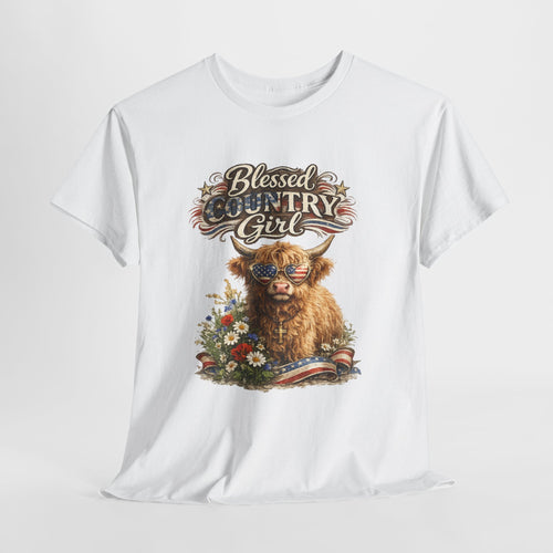 Blessed Country Girl Highland Cow Patriotic Shirt, Christian Western Cowgirl Graphic Tee, American Flag Farm Life T-Shirt