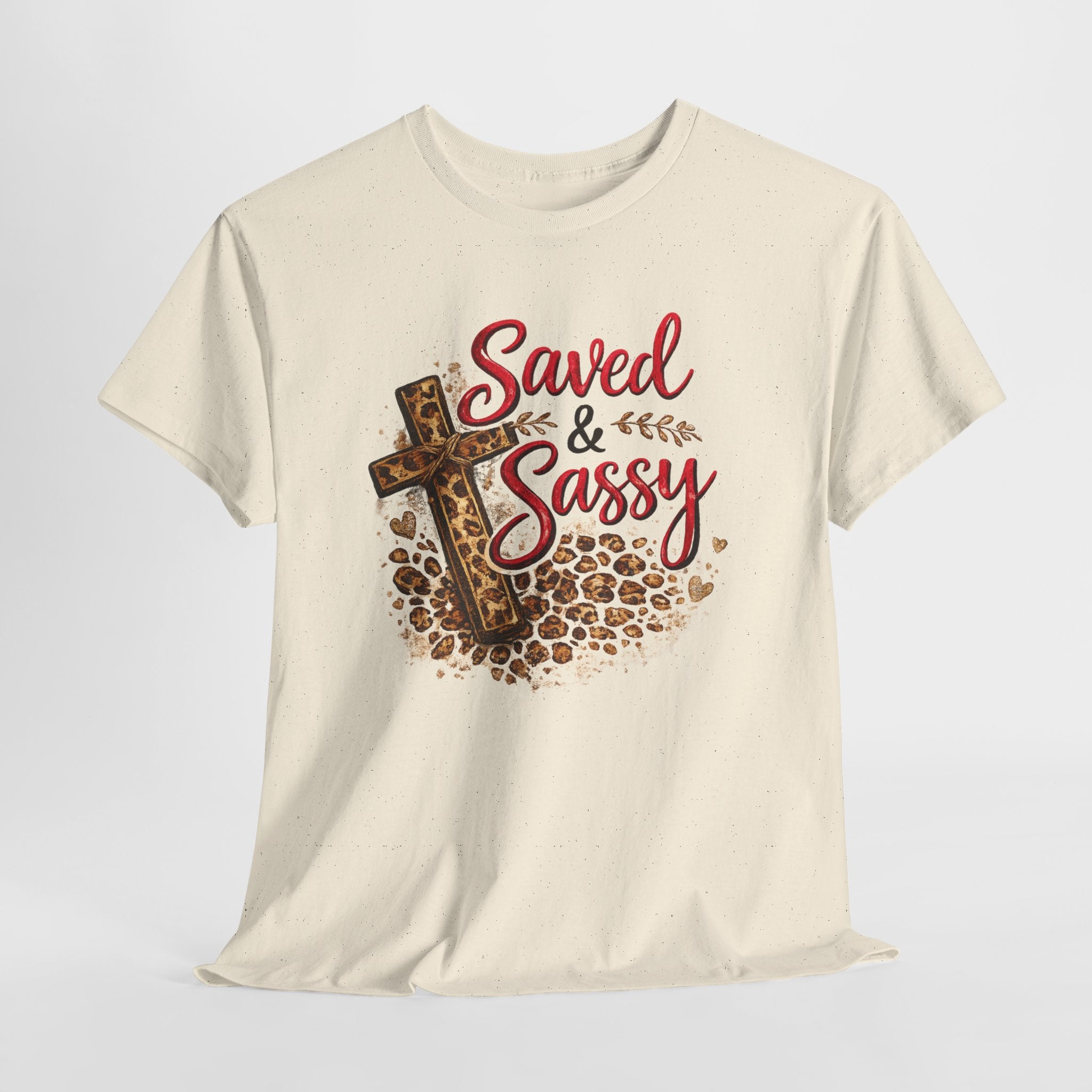Saved and Sassy Christian Shirt – Funny Faith Women’s Tee – Leopard Cross Christian Graphic Shirt
