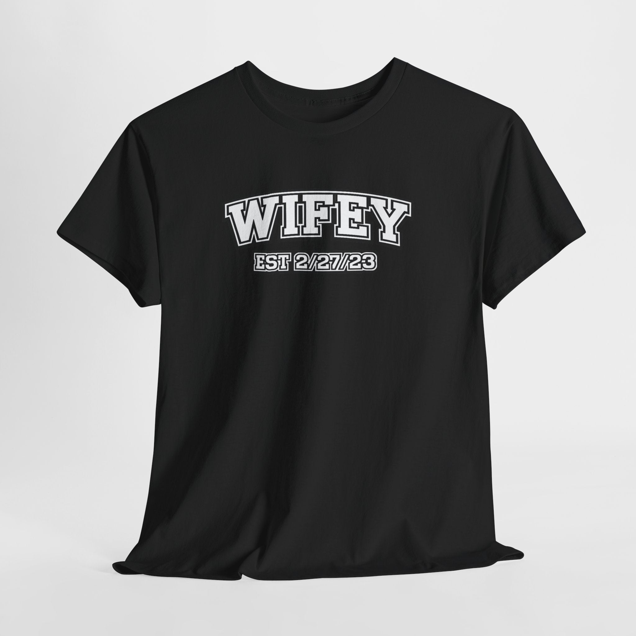 Wifey Est 2/27/23 Shirt – Christian Wife Tee – 1 John 4:19 Bible Verse on Back – Faith Based Anniversary Gift for Her