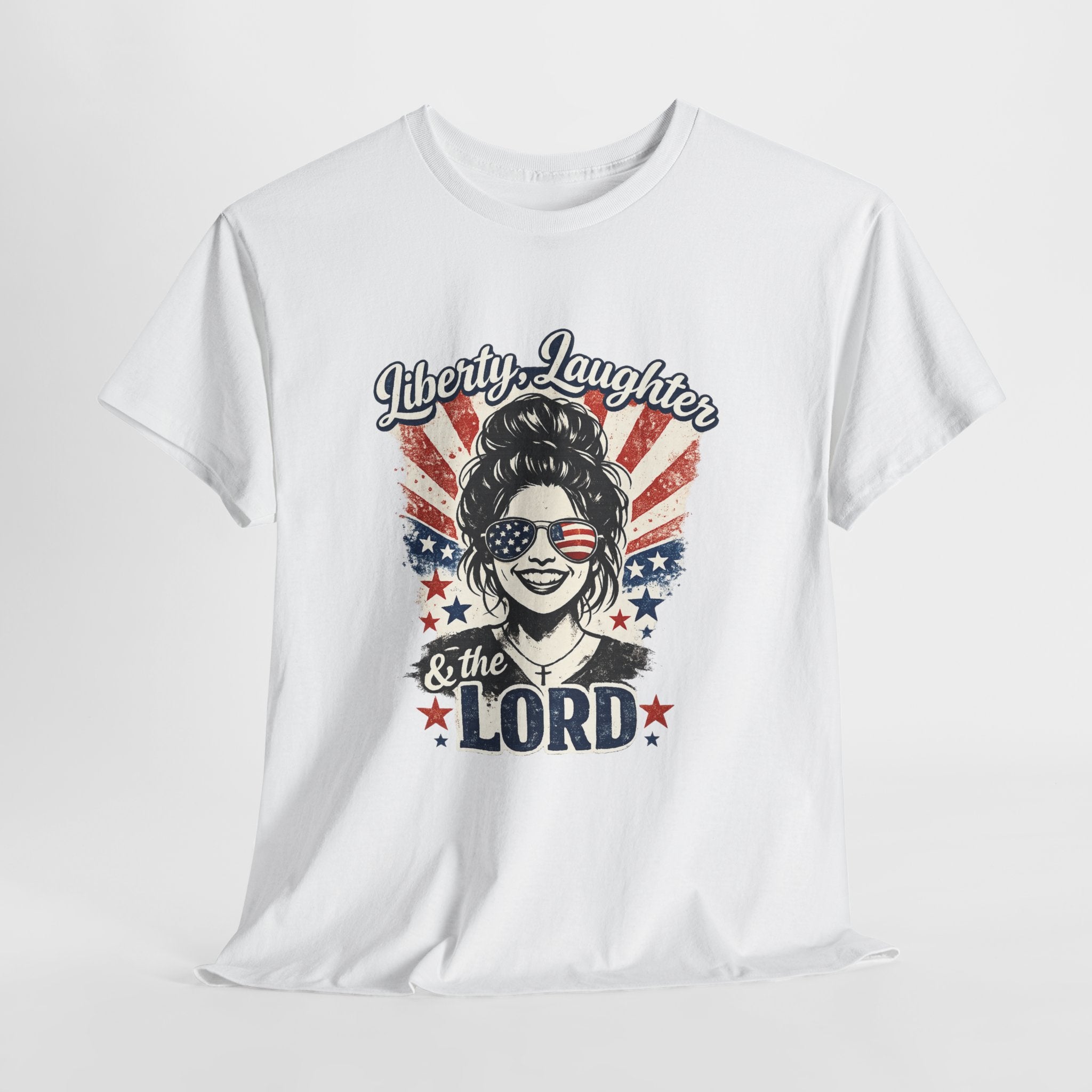 Liberty Laughter & The Lord Patriotic Christian Shirt, Funny Faith USA Graphic Tee, American Flag Sunglasses Women T-Shirt
