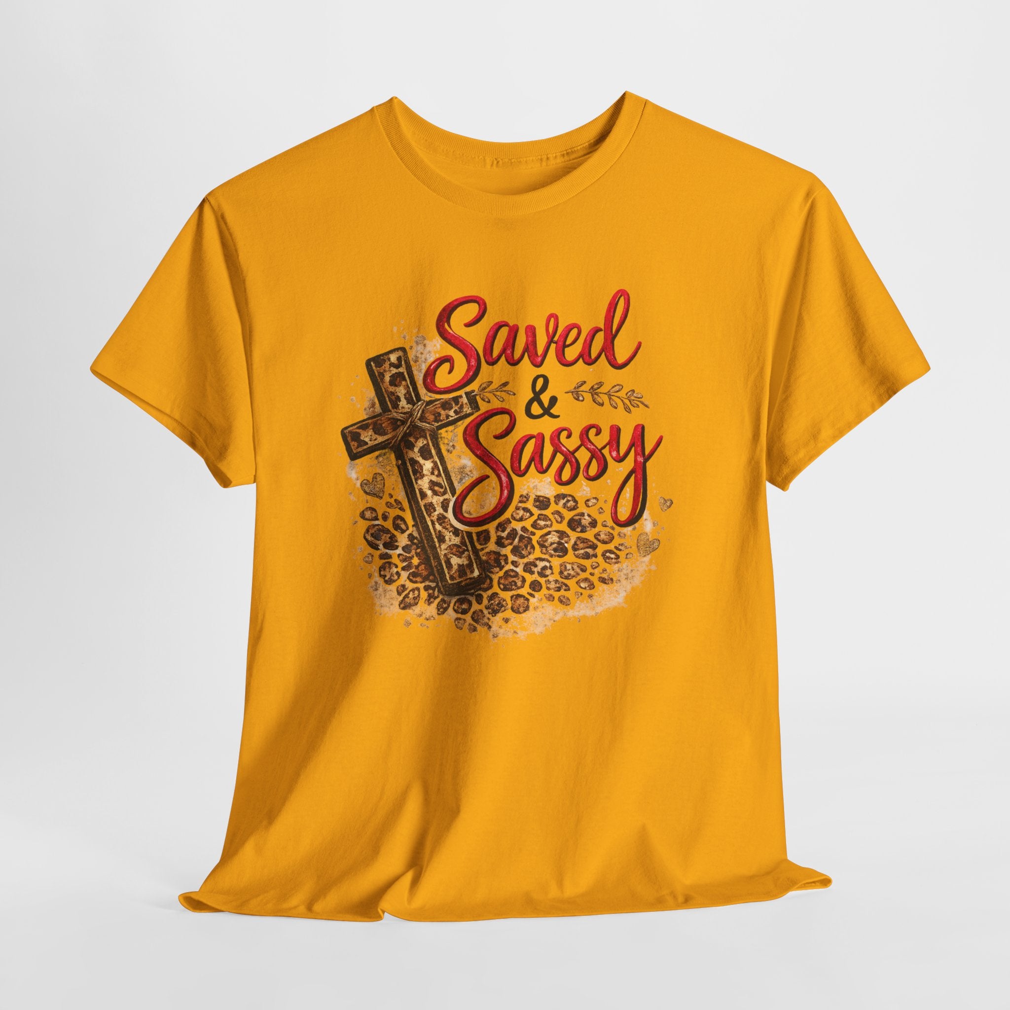 Saved and Sassy Christian Shirt – Funny Faith Women’s Tee – Leopard Cross Christian Graphic Shirt
