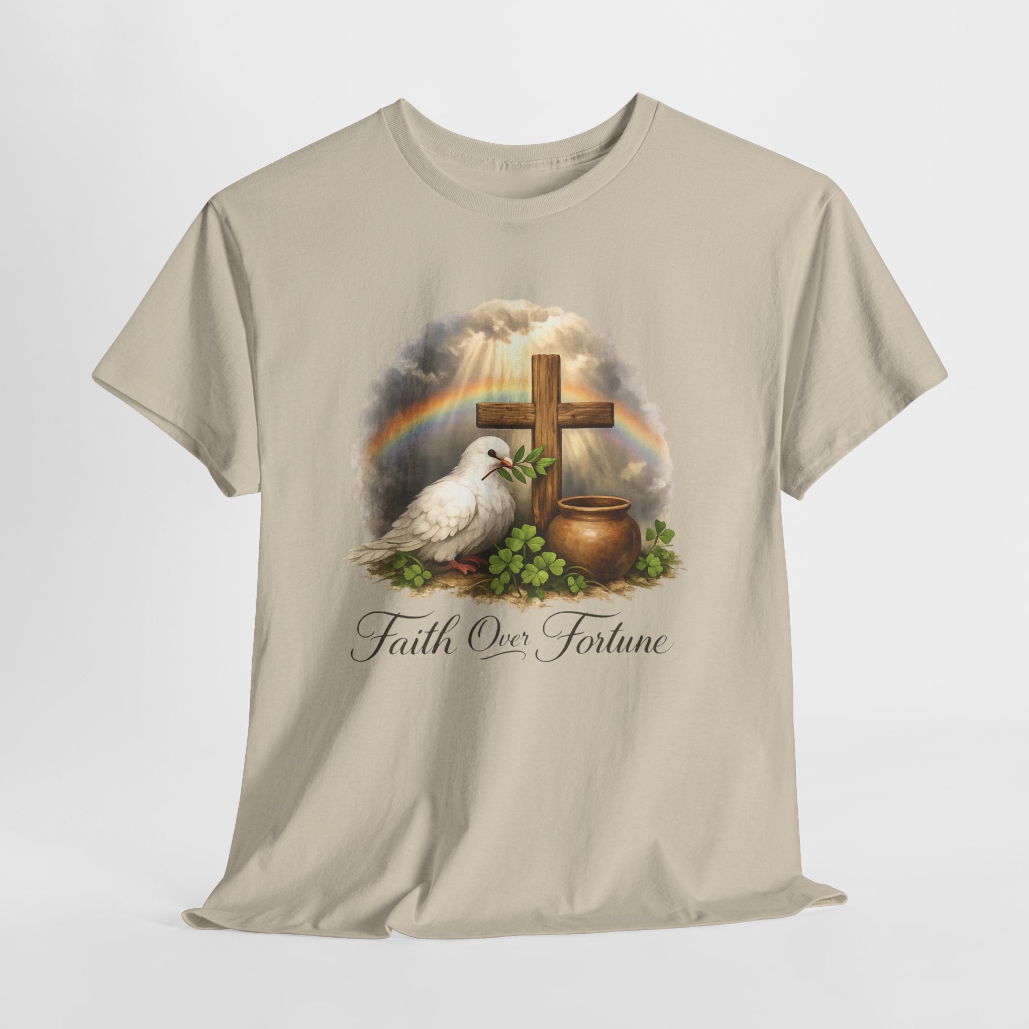 Faith Over Fortune Shirt – Christian Cross, Dove and Rainbow Graphic Tee, Inspirational Faith-Based T-Shirt for Women