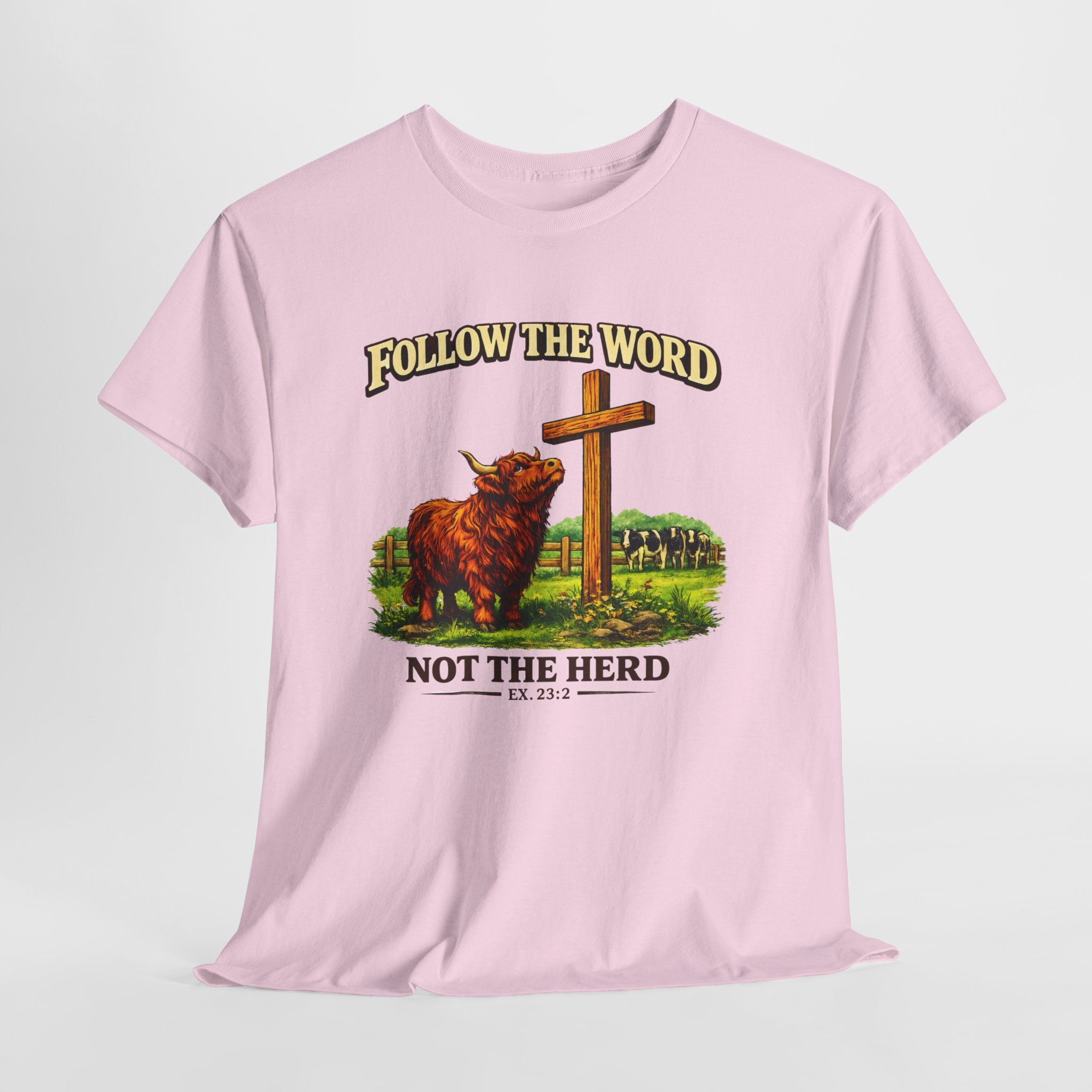 Follow the Word Not the Herd Shirt – Christian Highland Cow T-Shirt, Exodus 23:2 Faith Apparel, Christian Western Graphic Tee
