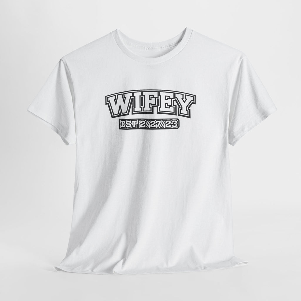 Wifey Est 2/27/23 Shirt – Christian Wife Tee – 1 John 4:19 Bible Verse on Back – Faith Based Anniversary Gift for Her