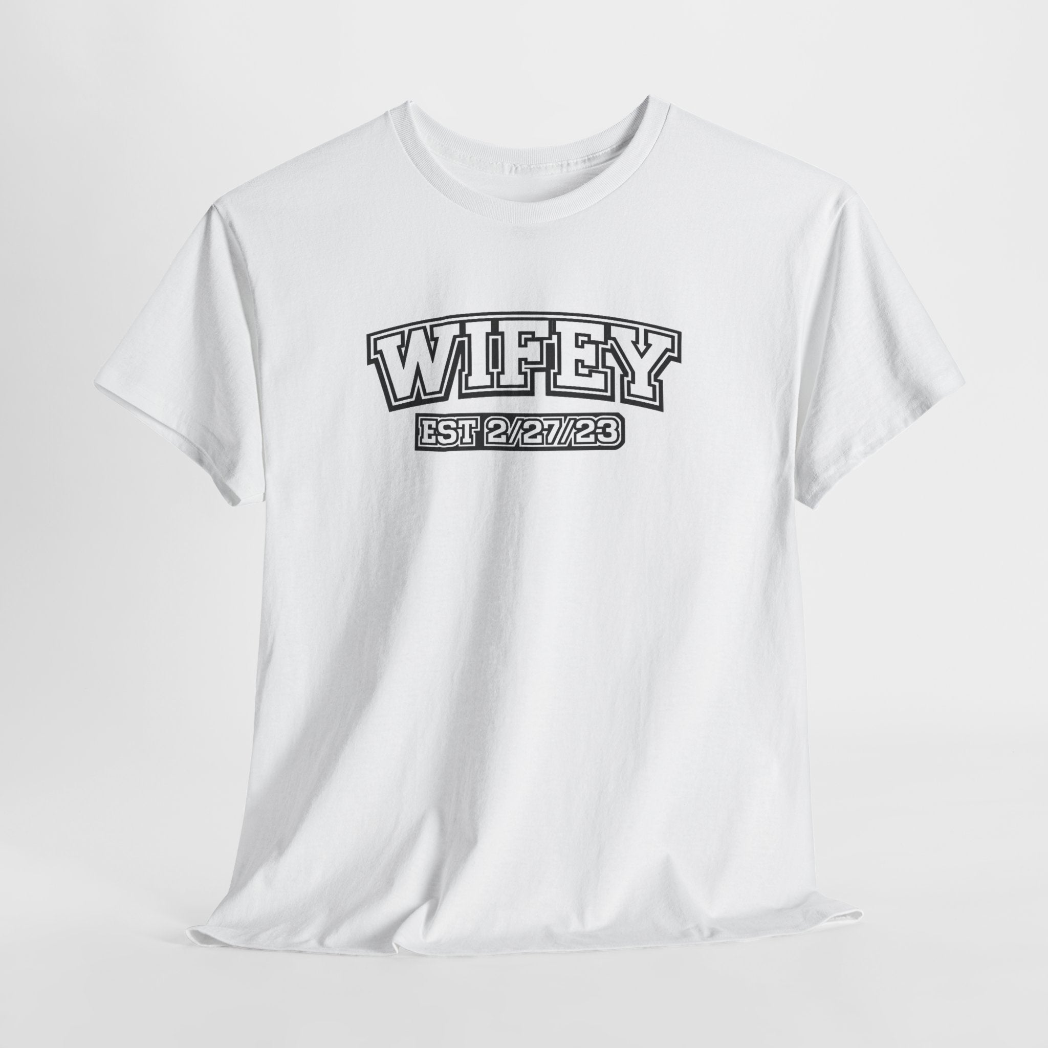 Wifey Est 2/27/23 Shirt – Christian Wife Tee – 1 John 4:19 Bible Verse on Back – Faith Based Anniversary Gift for Her