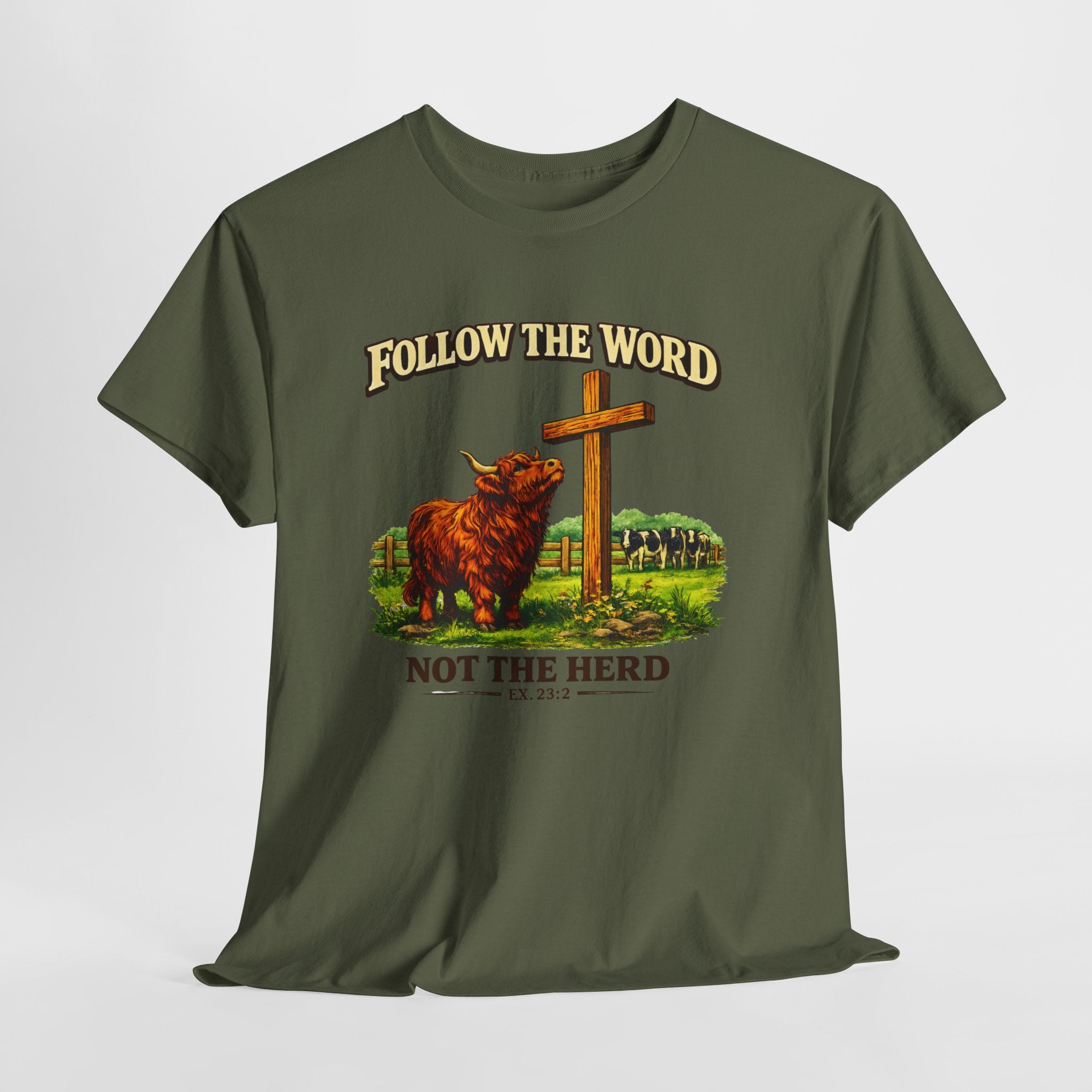 Follow the Word Not the Herd Shirt – Christian Highland Cow T-Shirt, Exodus 23:2 Faith Apparel, Christian Western Graphic Tee