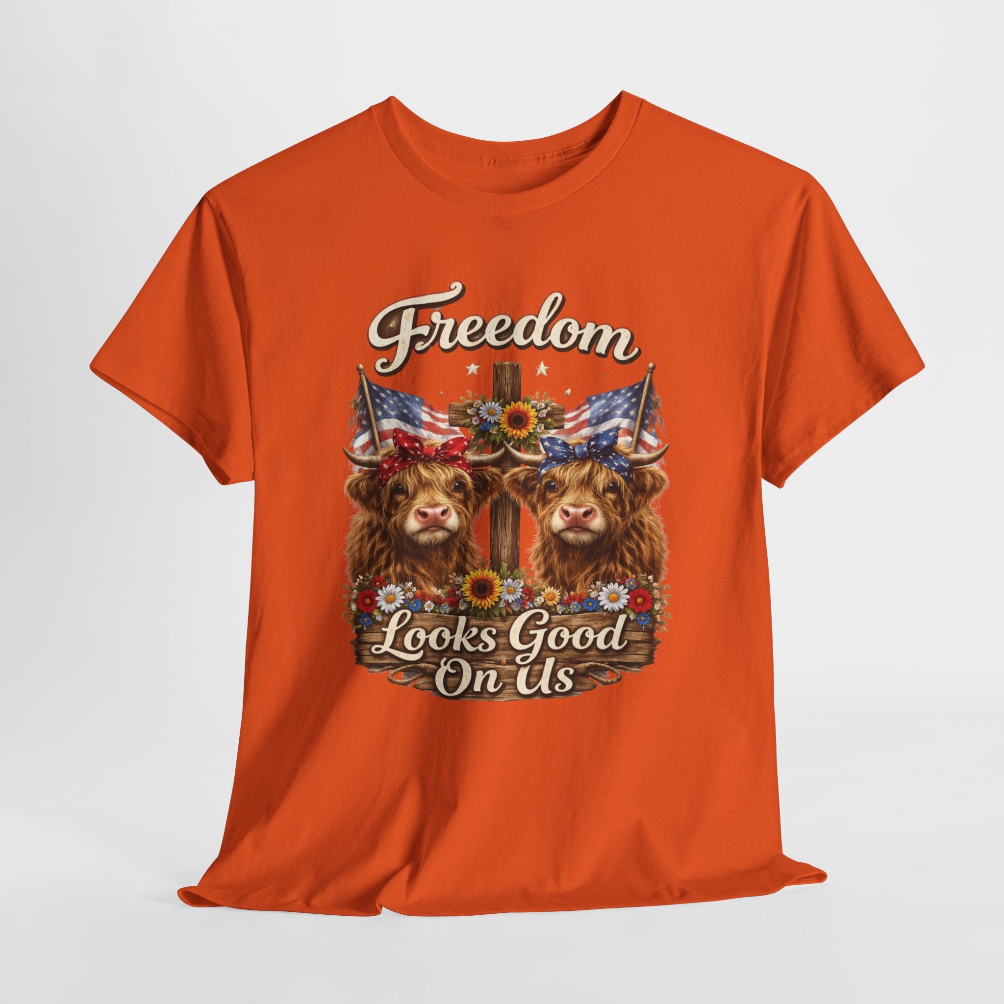 Freedom Looks Good On Us Highland Cow Patriotic Shirt, American Flag Cowgirl Tee, Funny 4th of July Farm Life T-Shirt