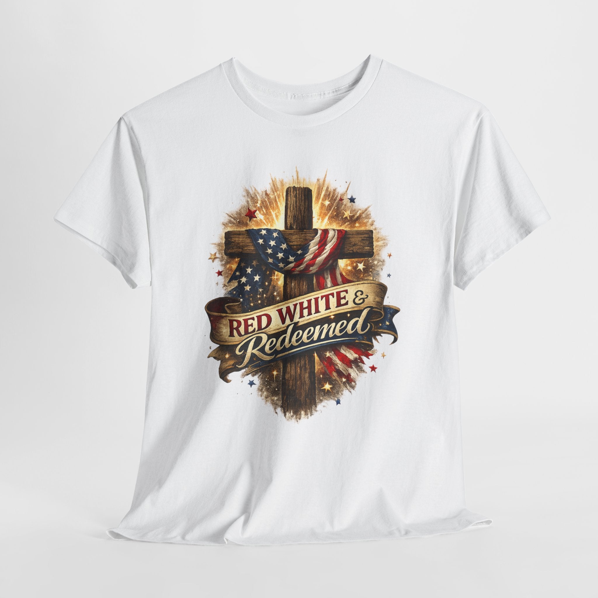 Red White & Redeemed Christian Patriotic Shirt, American Flag Cross Faith Tee, 4th of July Jesus Graphic T-Shirt