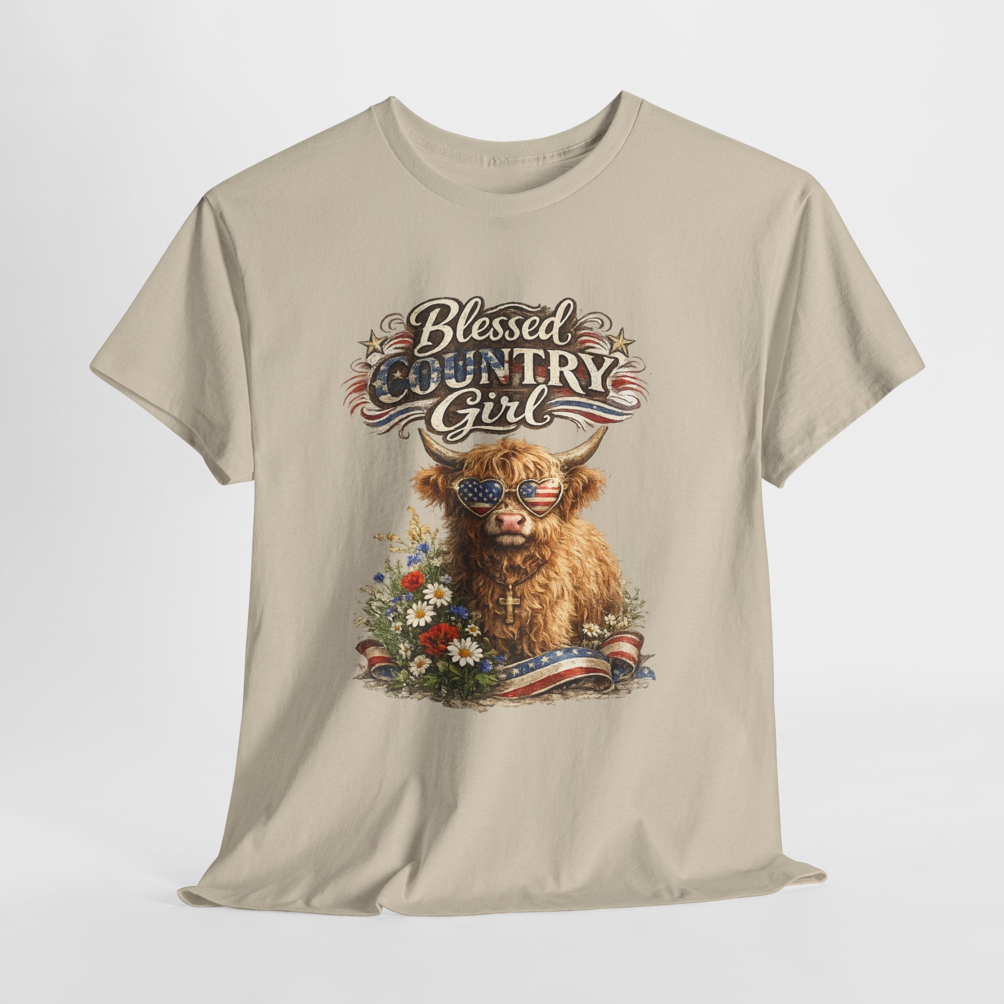 Blessed Country Girl Highland Cow Patriotic Shirt, Christian Western Cowgirl Graphic Tee, American Flag Farm Life T-Shirt