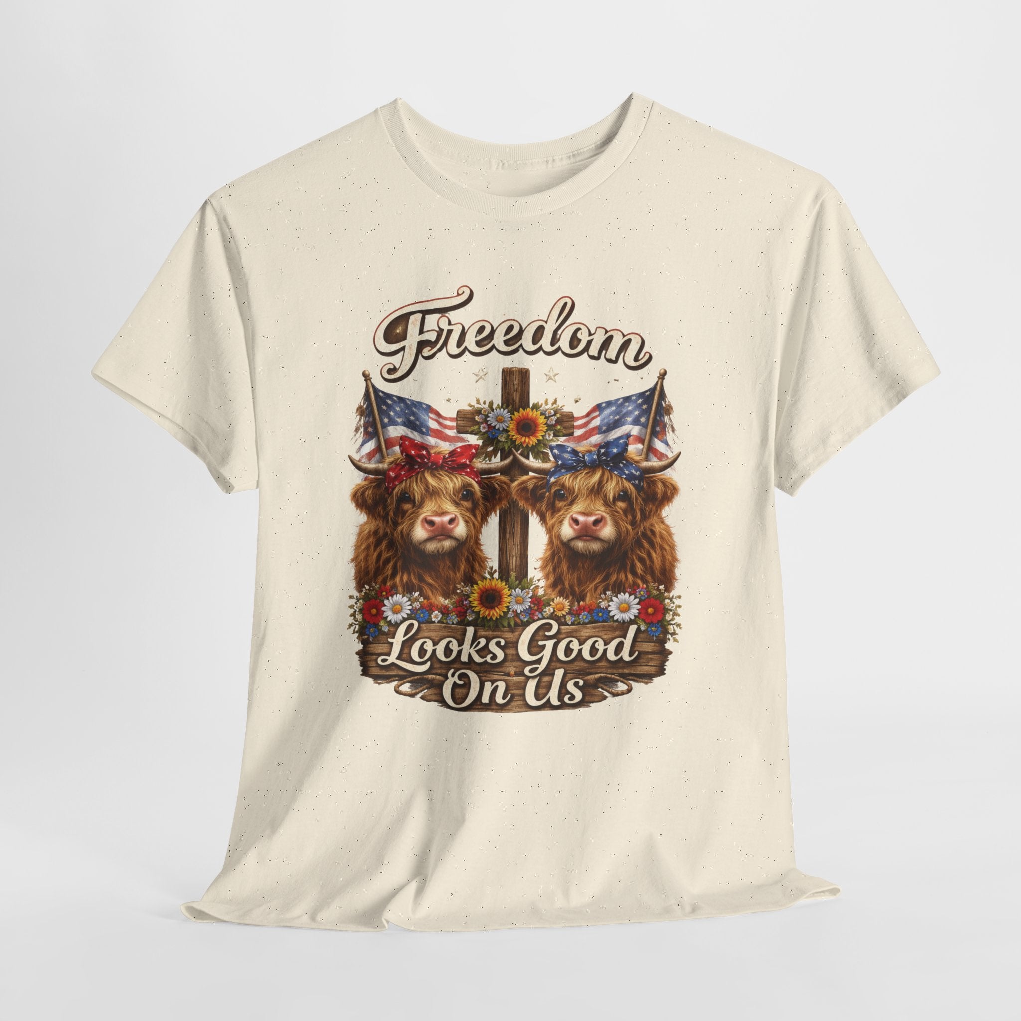 Freedom Looks Good On Us Highland Cow Patriotic Shirt, American Flag Cowgirl Tee, Funny 4th of July Farm Life T-Shirt