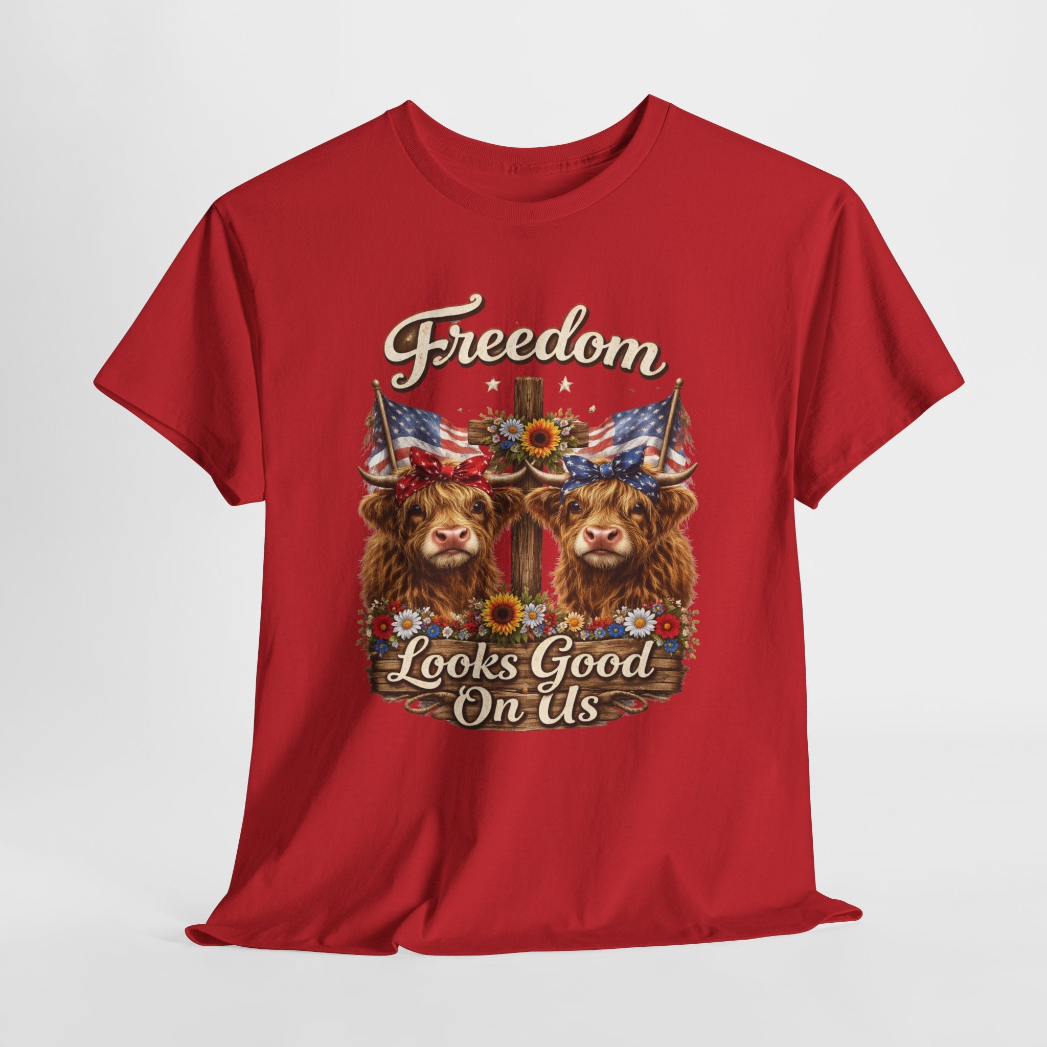 Freedom Looks Good On Us Highland Cow Patriotic Shirt, American Flag Cowgirl Tee, Funny 4th of July Farm Life T-Shirt