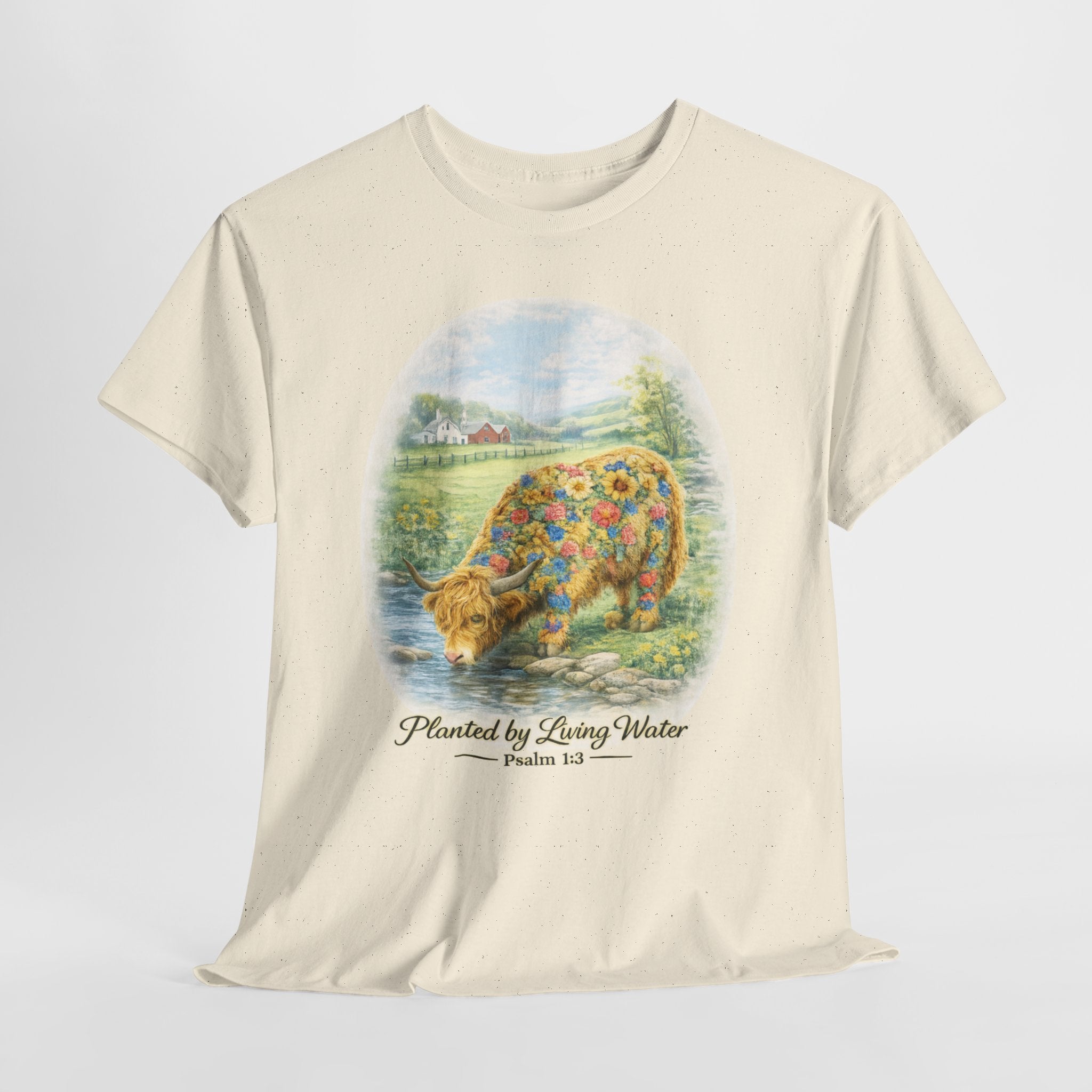 Highland Cow Planted by Living Water Shirt – Psalm 1:3 Christian Floral Cow Faith Graphic Tee