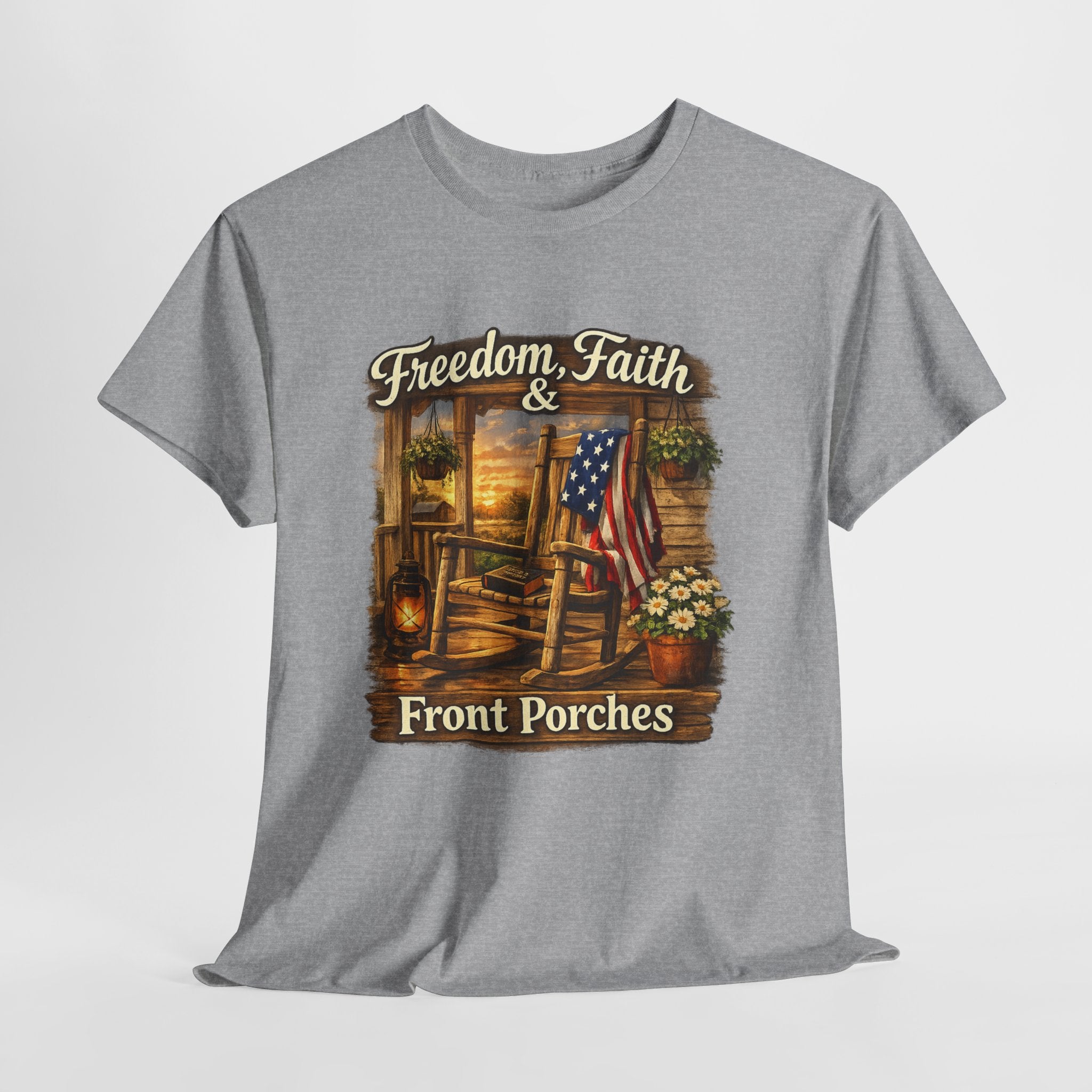 Freedom Faith Front Porch Patriotic Shirt, Christian Country Porch Life Tee, Rustic American Flag Rocking Chair T-Shirt