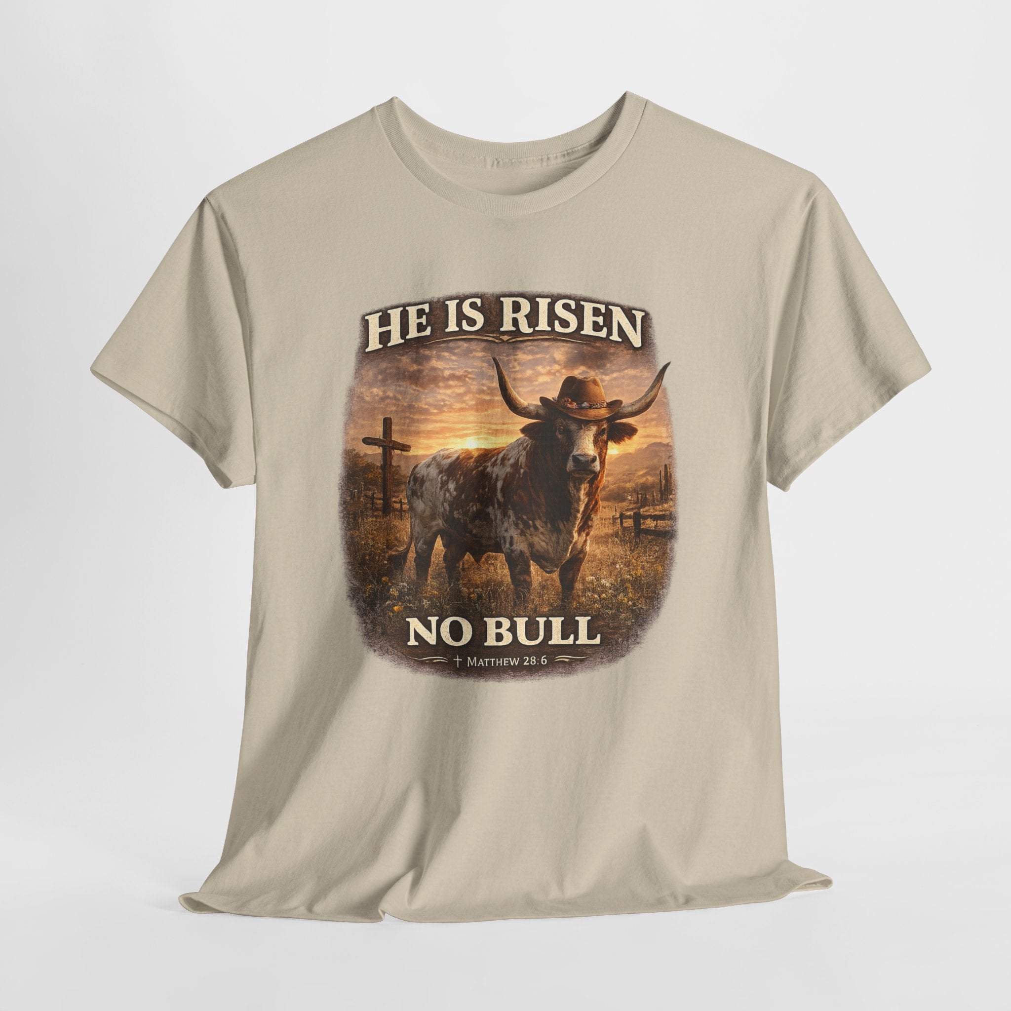 He Is Risen No Bull Christian Cowboy Shirt – Matthew 28:6 Easter Faith Western Graphic Tee