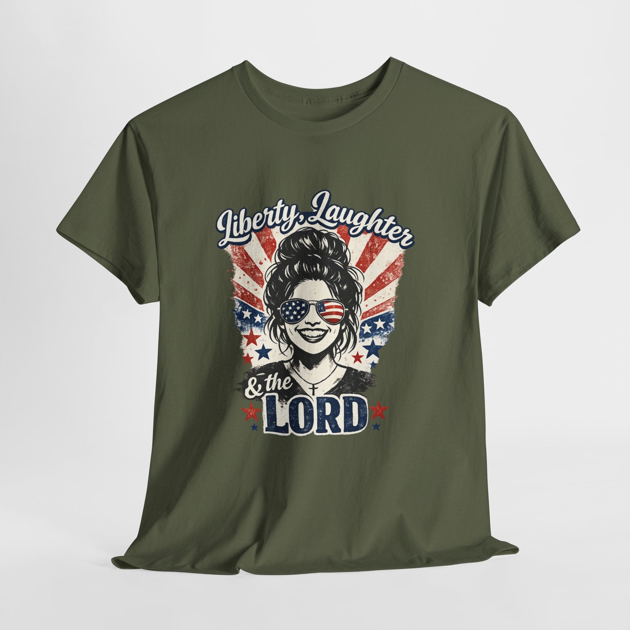 Liberty Laughter & The Lord Patriotic Christian Shirt, Funny Faith USA Graphic Tee, American Flag Sunglasses Women T-Shirt