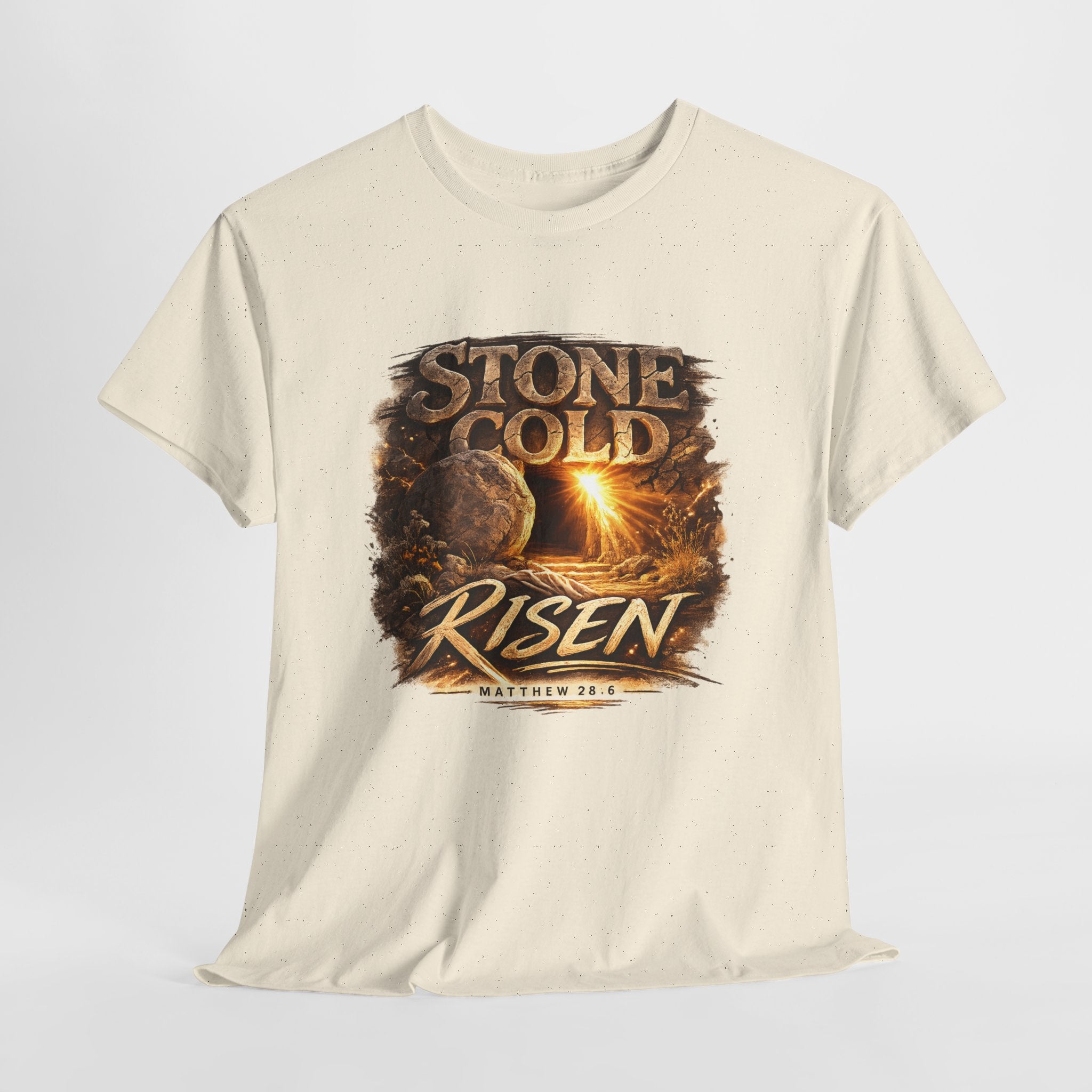 Stone Cold Risen Christian Shirt – Matthew 28:6 Bible Verse – Empty Tomb Resurrection Shirt – Easter Christian Graphic Tee