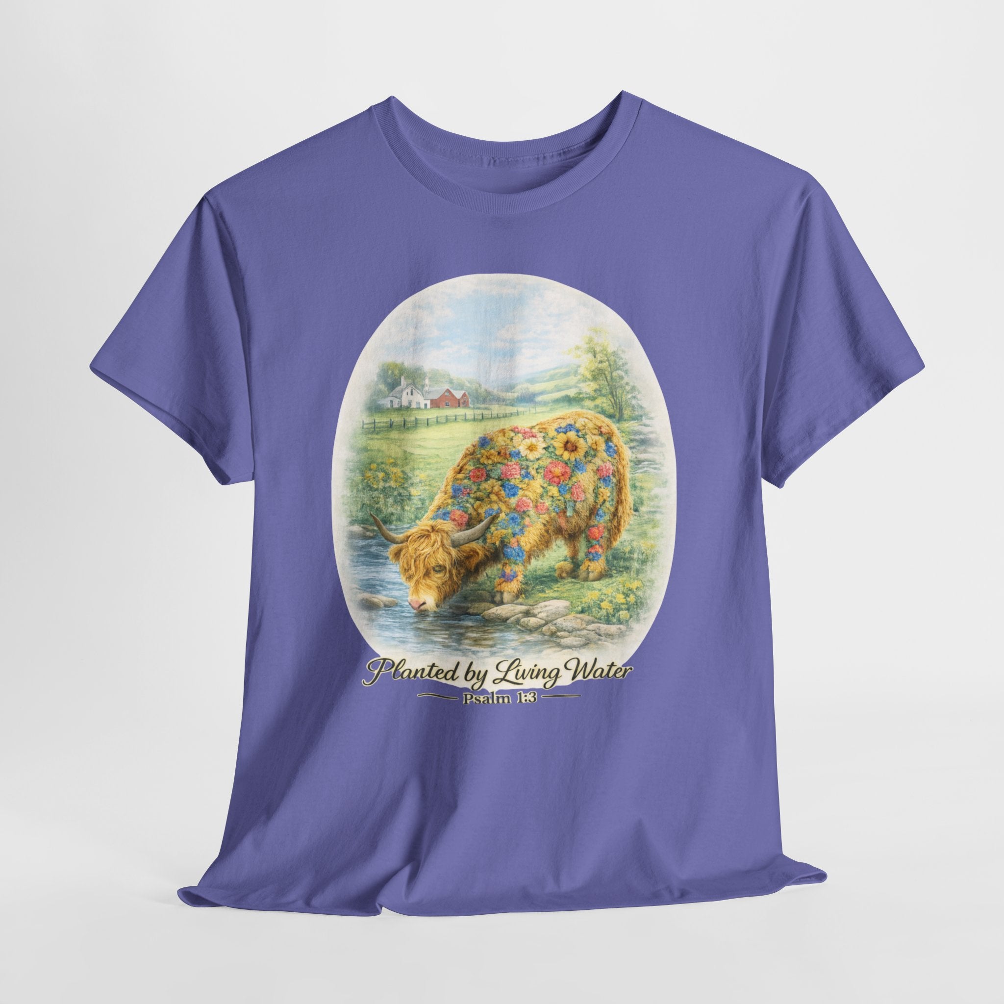 Highland Cow Planted by Living Water Shirt – Psalm 1:3 Christian Floral Cow Faith Graphic Tee