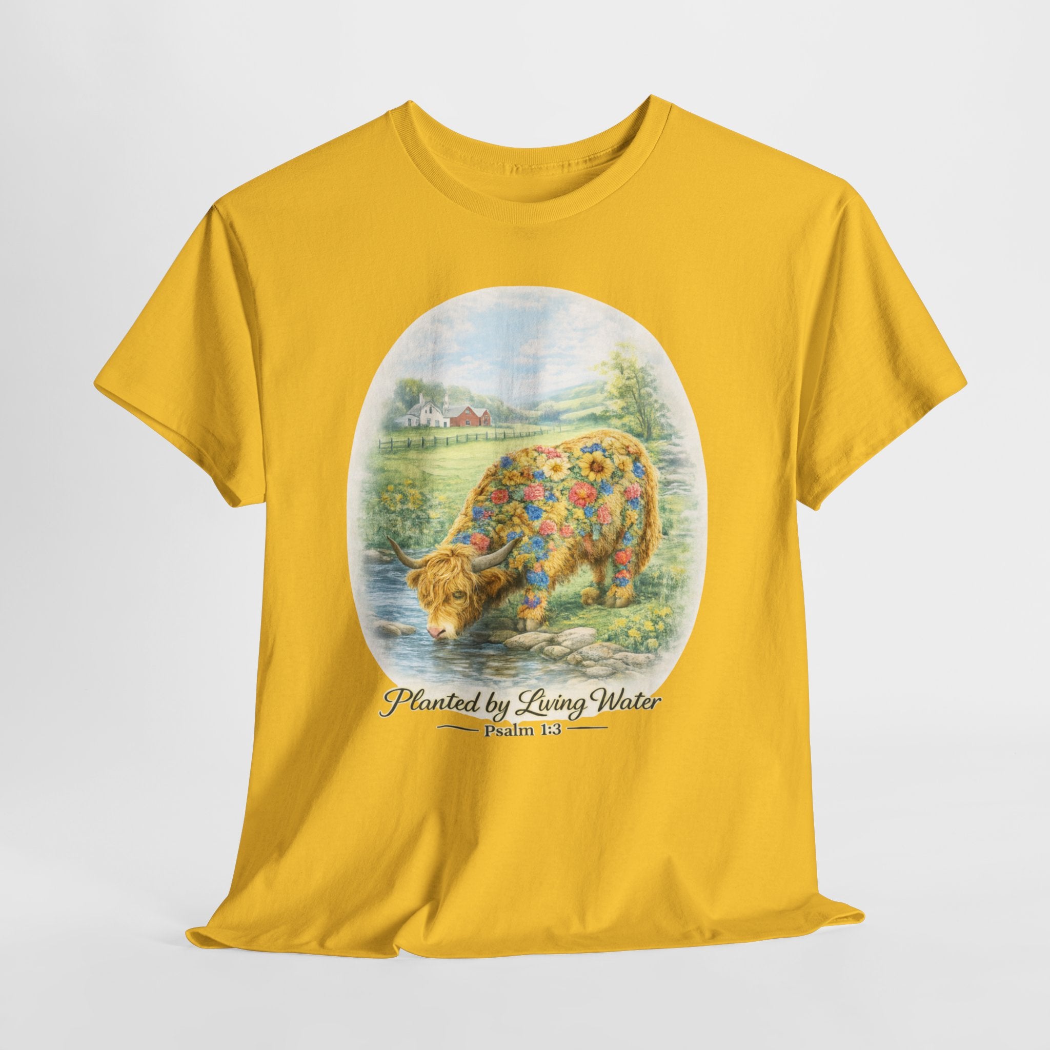 Highland Cow Planted by Living Water Shirt – Psalm 1:3 Christian Floral Cow Faith Graphic Tee