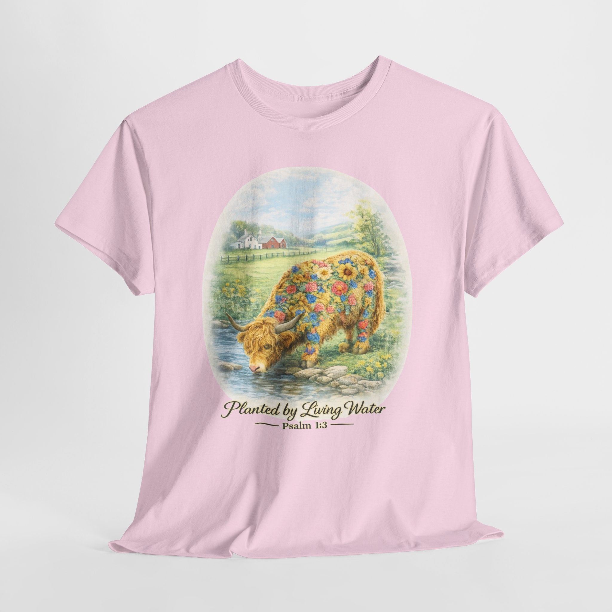 Highland Cow Planted by Living Water Shirt – Psalm 1:3 Christian Floral Cow Faith Graphic Tee
