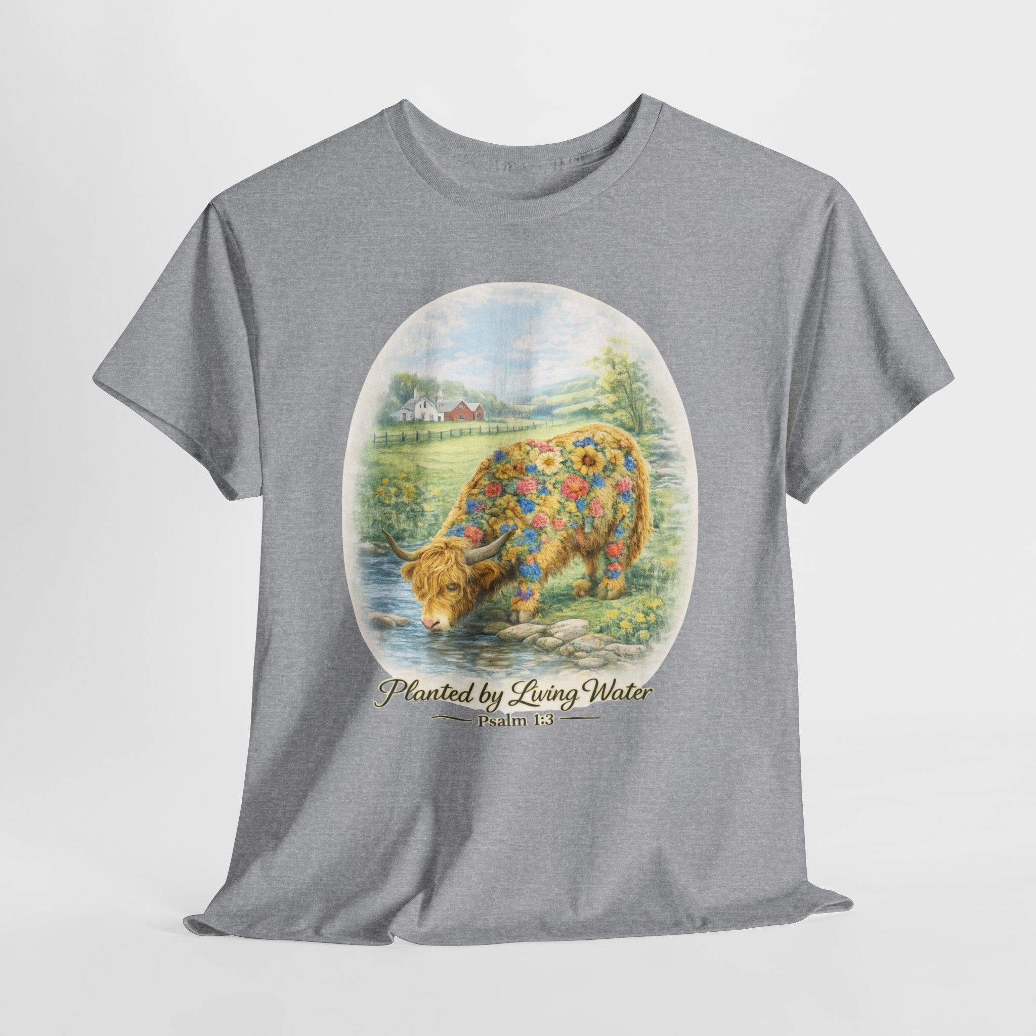 Highland Cow Planted by Living Water Shirt – Psalm 1:3 Christian Floral Cow Faith Graphic Tee