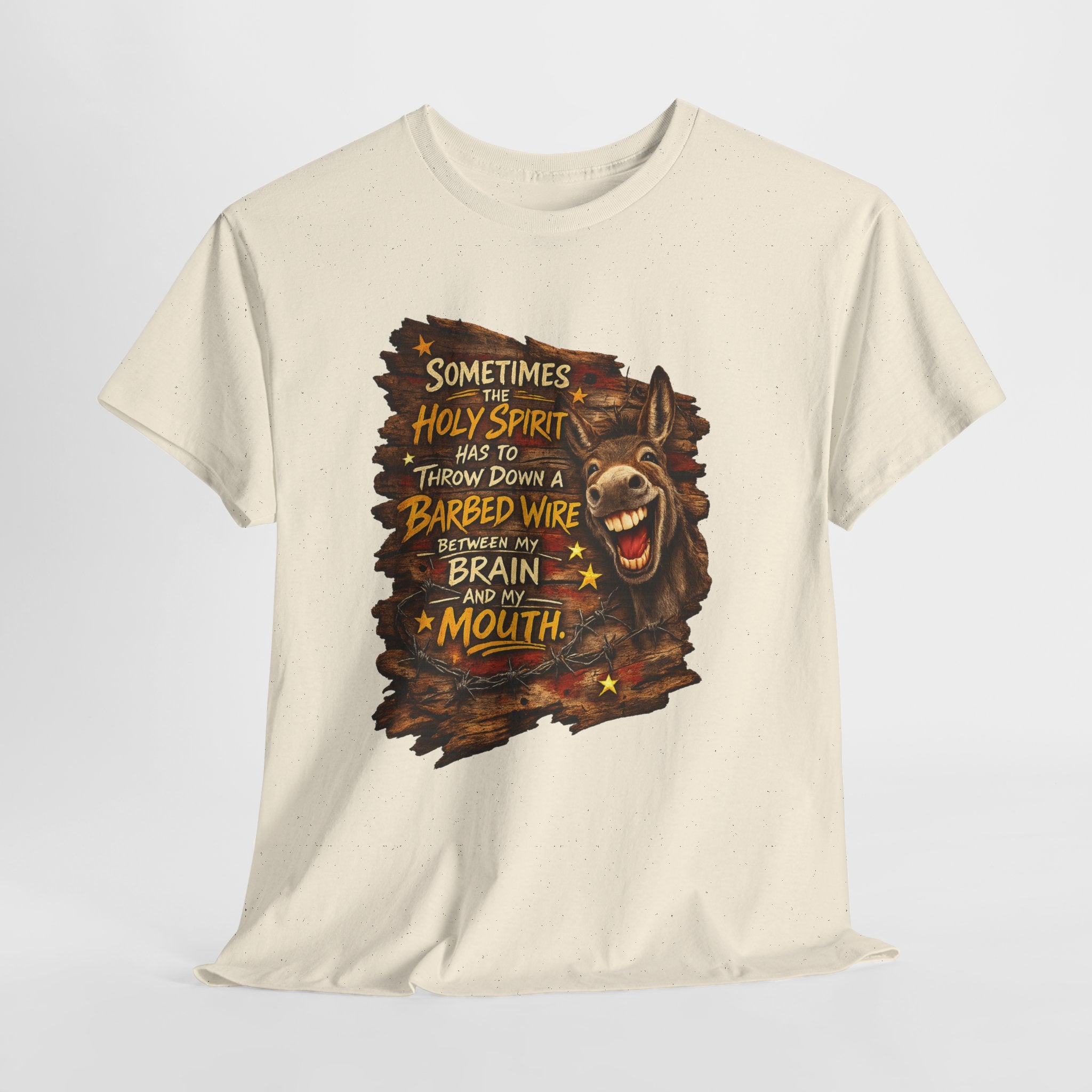 Funny Christian Donkey Shirt – “Sometimes the Holy Spirit Has to Throw Down Barbed Wire Between My Brain and My Mouth” – Christian Humor Country Graphic Tee