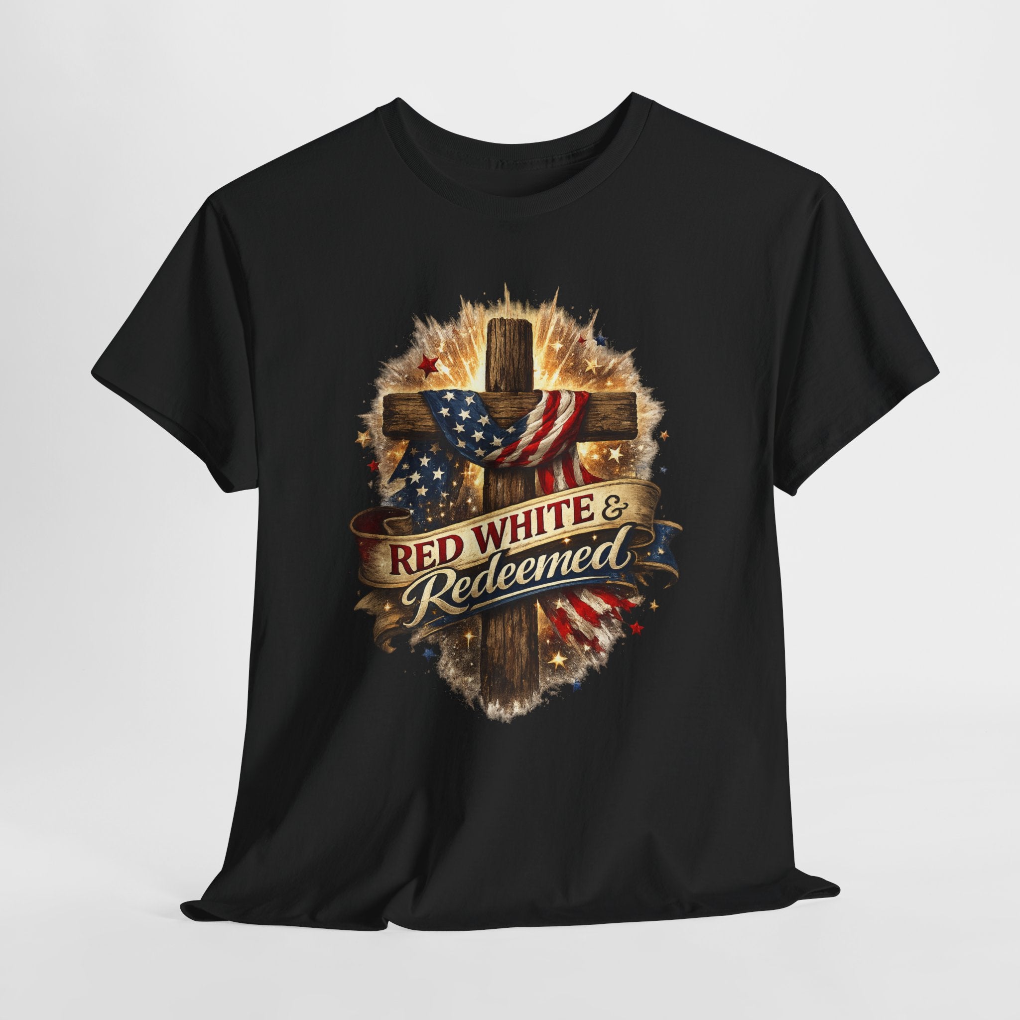 Red White & Redeemed Christian Patriotic Shirt, American Flag Cross Faith Tee, 4th of July Jesus Graphic T-Shirt