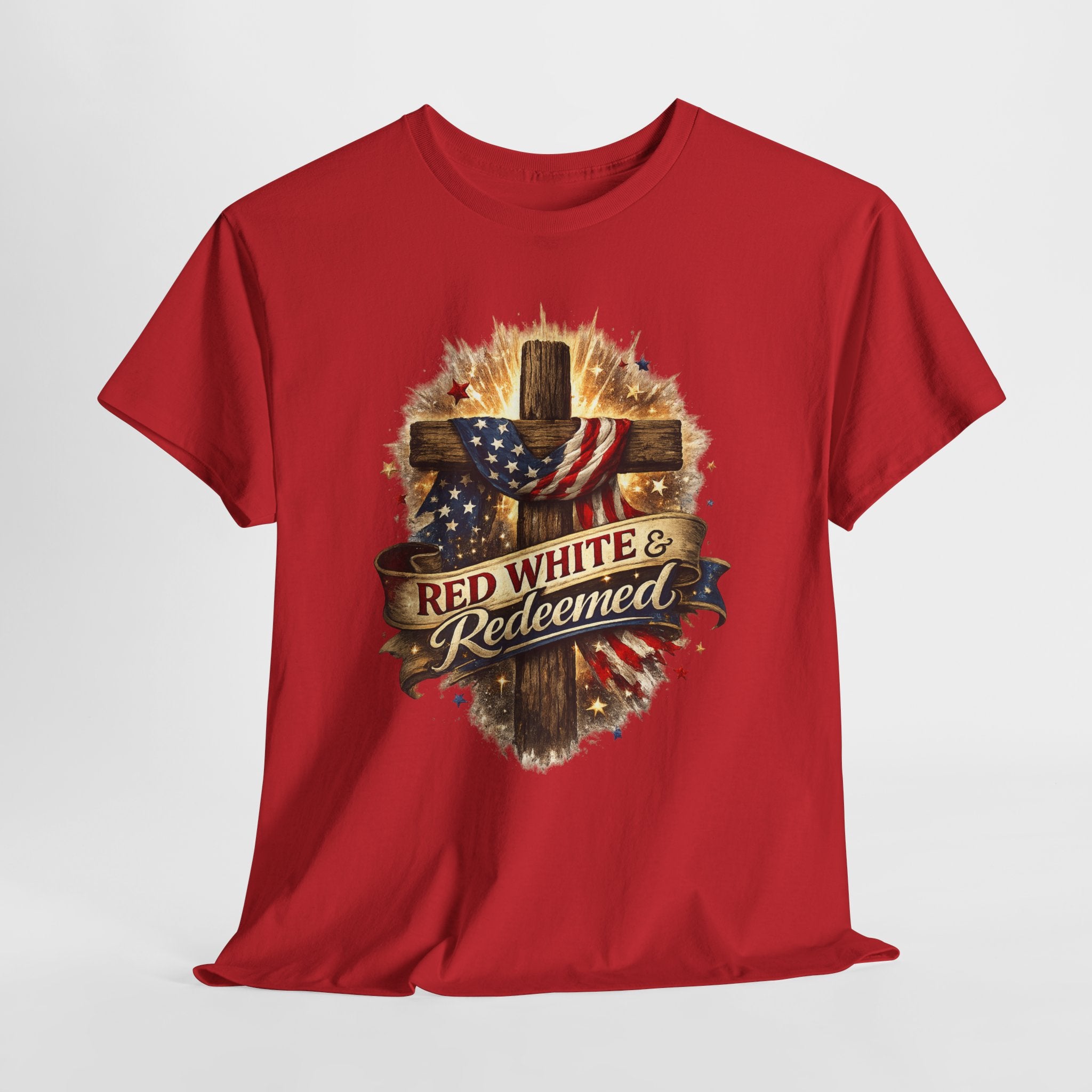 Red White & Redeemed Christian Patriotic Shirt, American Flag Cross Faith Tee, 4th of July Jesus Graphic T-Shirt