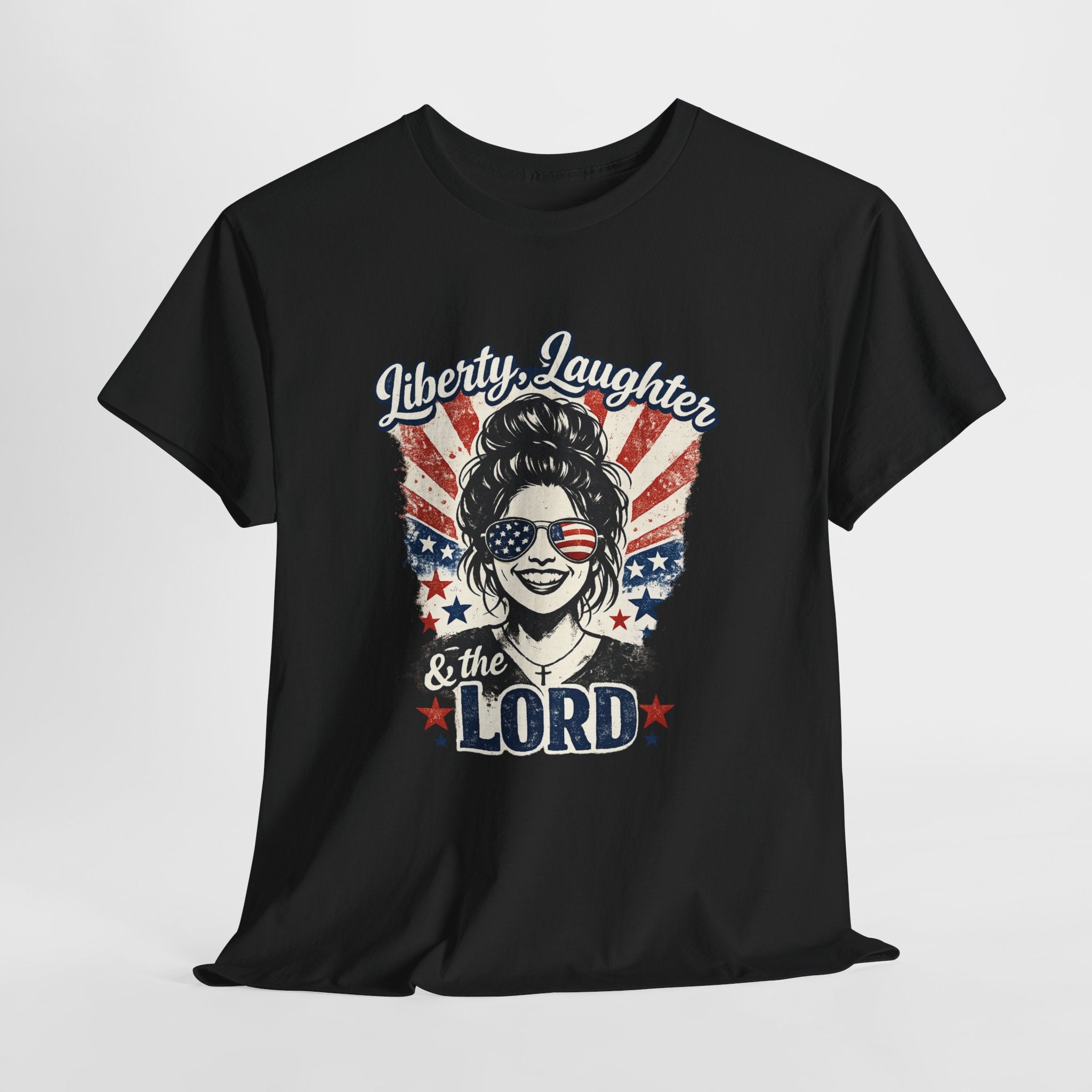 Liberty Laughter & The Lord Patriotic Christian Shirt, Funny Faith USA Graphic Tee, American Flag Sunglasses Women T-Shirt