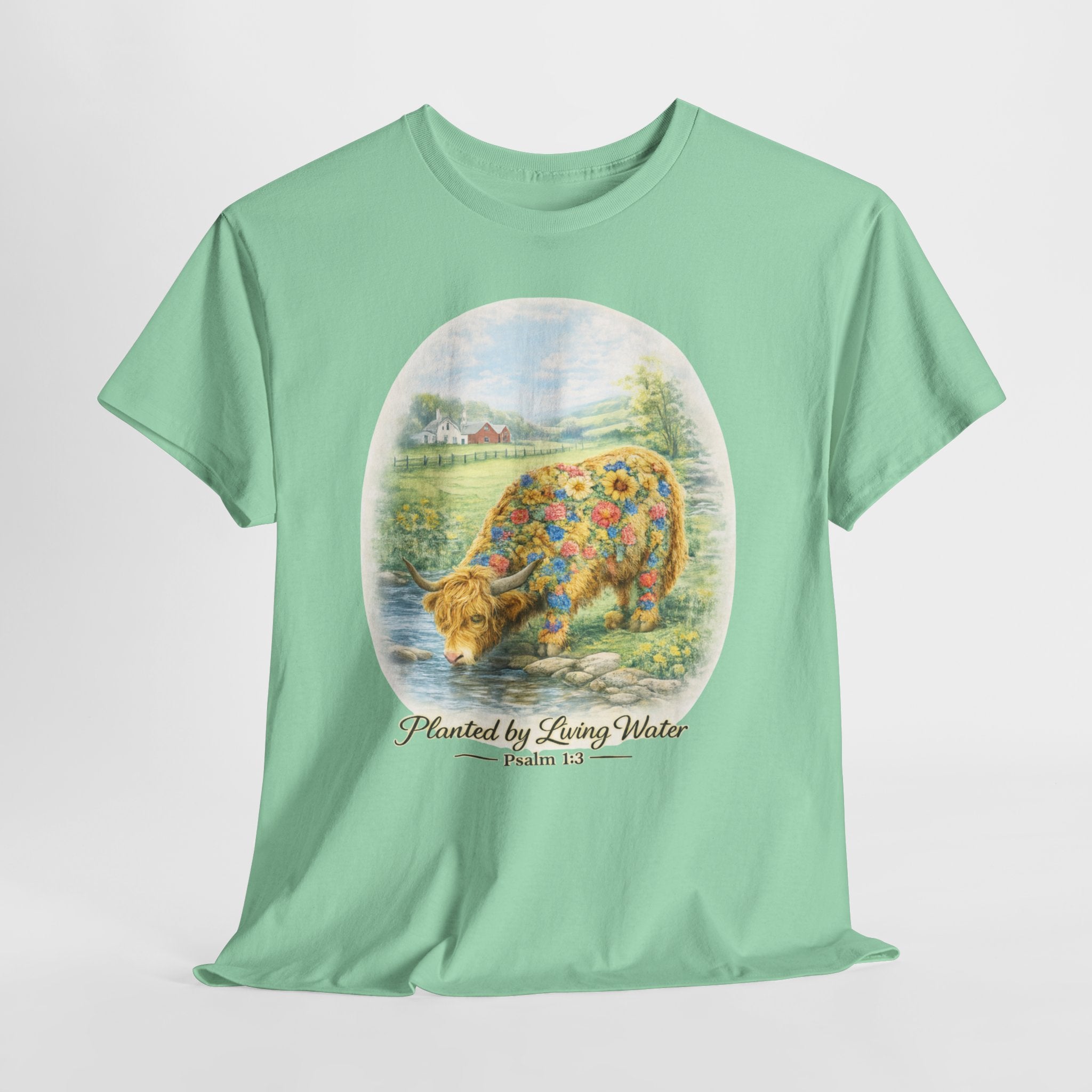 Highland Cow Planted by Living Water Shirt – Psalm 1:3 Christian Floral Cow Faith Graphic Tee