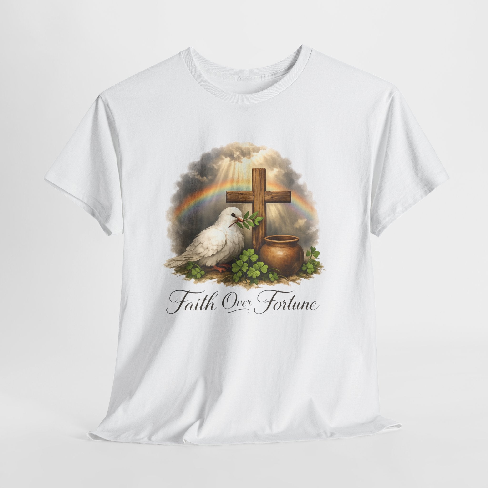 Faith Over Fortune Shirt – Christian Cross, Dove and Rainbow Graphic Tee, Inspirational Faith-Based T-Shirt for Women