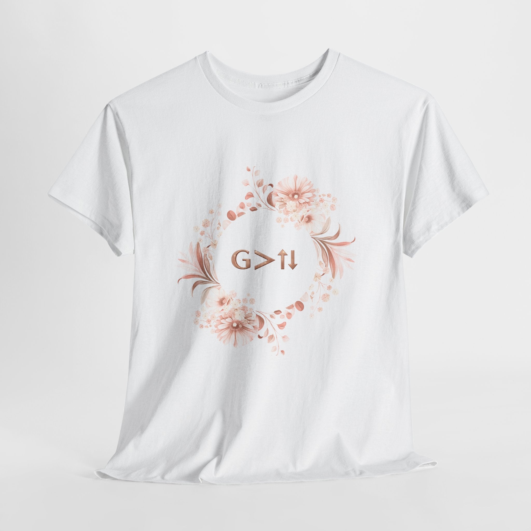 God Greater Than Highs and Lows Christian Shirt – G>↑↓ Faith Floral Wreath Tee – Inspirational Christian Women’s Shirt