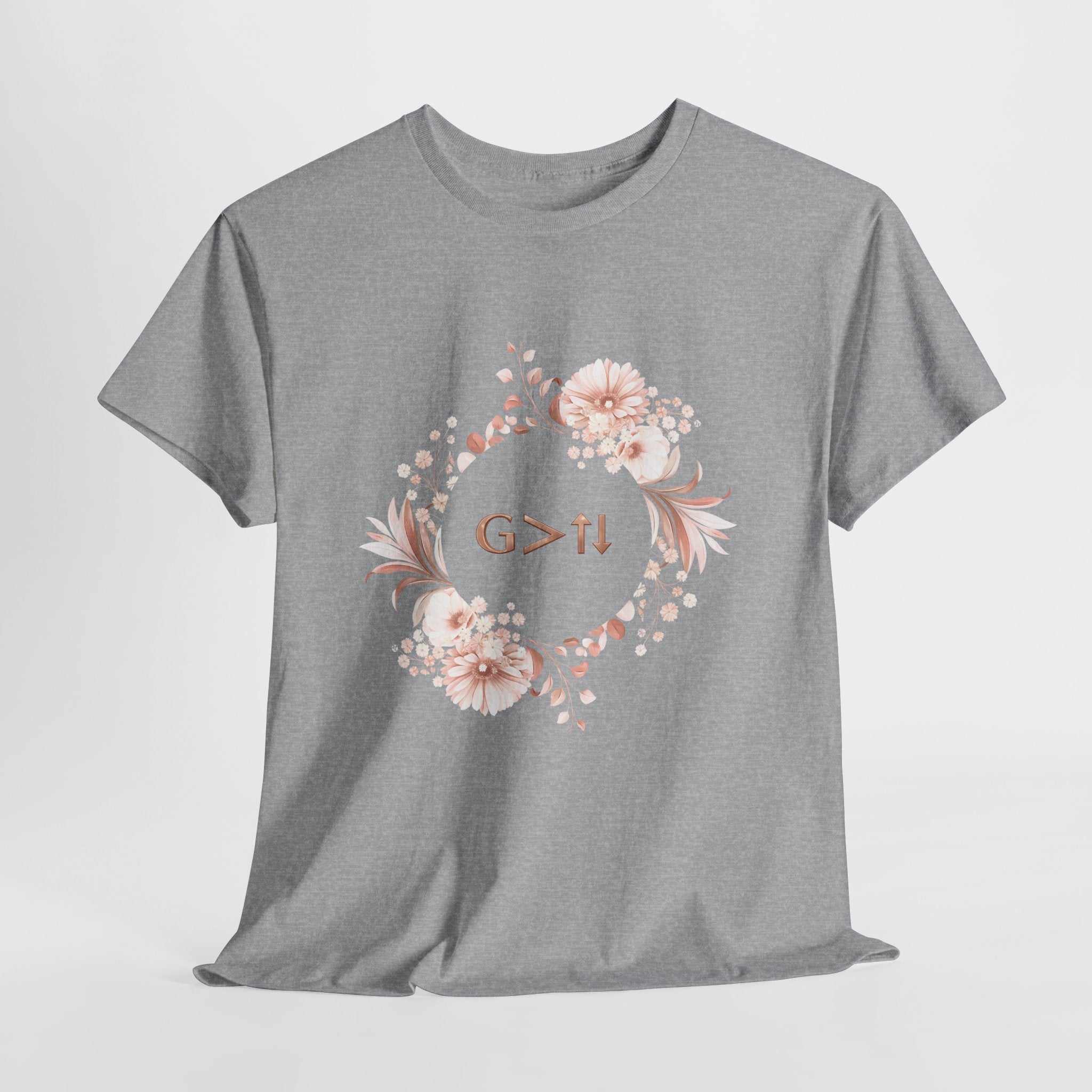 God Greater Than Highs and Lows Christian Shirt – G>↑↓ Faith Floral Wreath Tee – Inspirational Christian Women’s Shirt