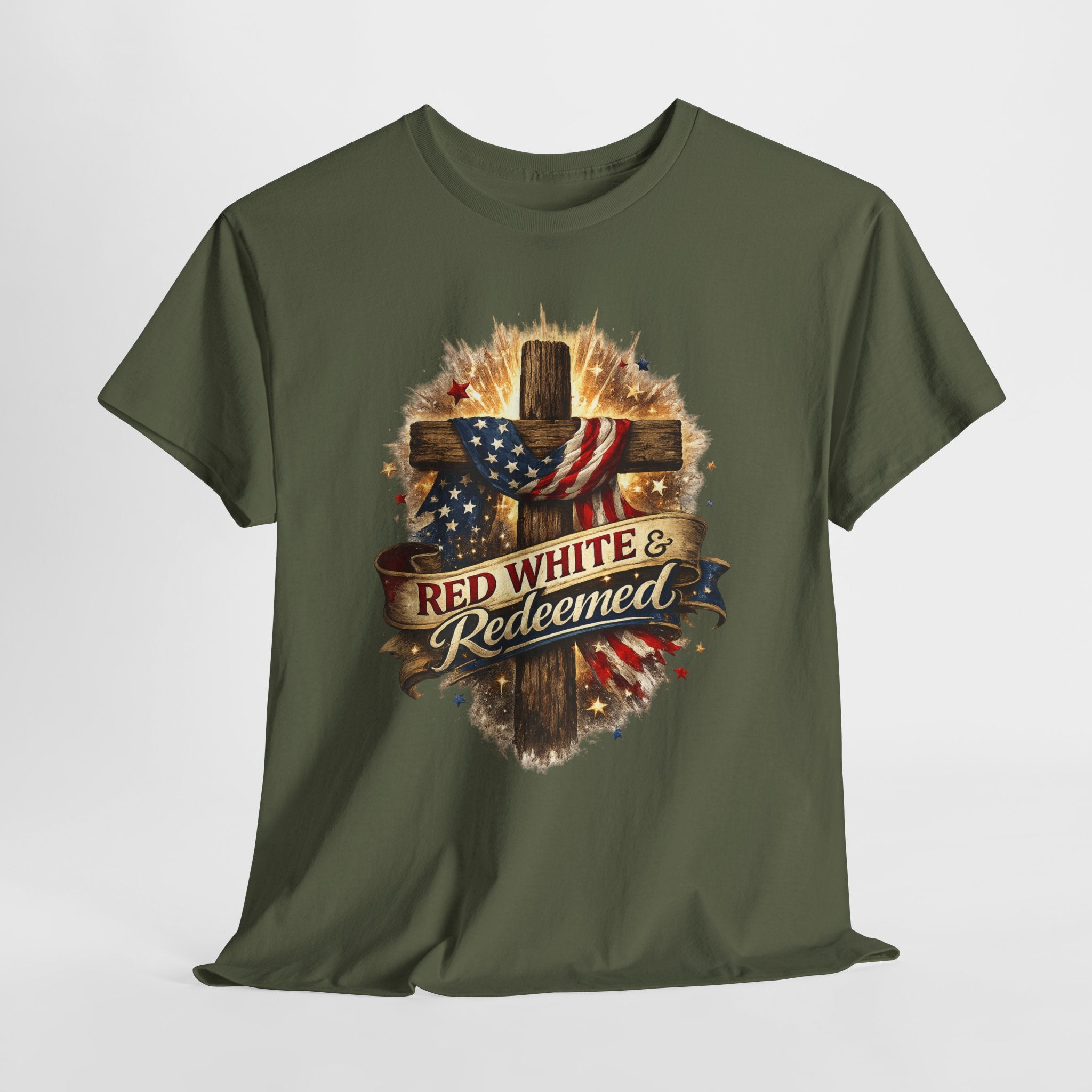Red White & Redeemed Christian Patriotic Shirt, American Flag Cross Faith Tee, 4th of July Jesus Graphic T-Shirt
