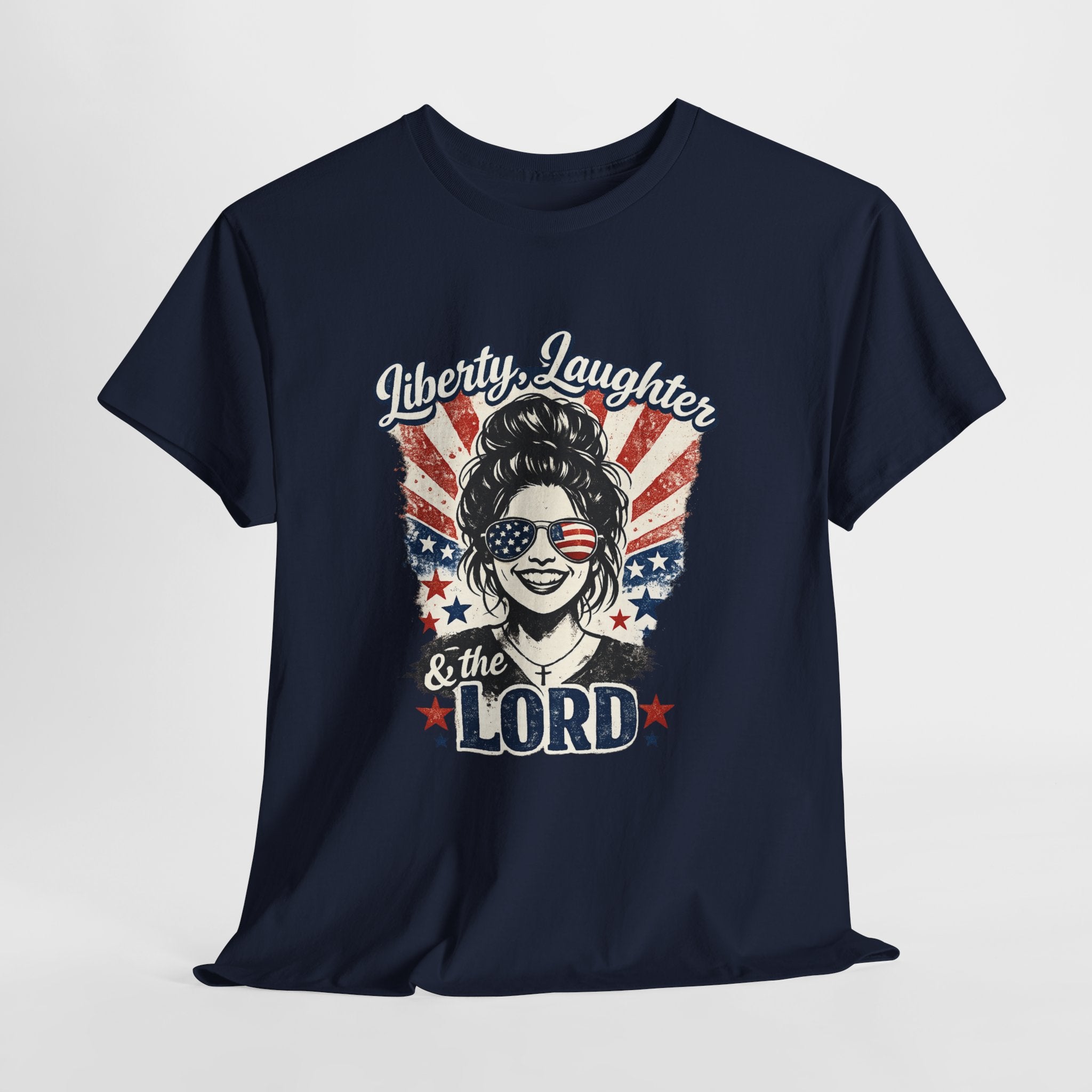 Liberty Laughter & The Lord Patriotic Christian Shirt, Funny Faith USA Graphic Tee, American Flag Sunglasses Women T-Shirt
