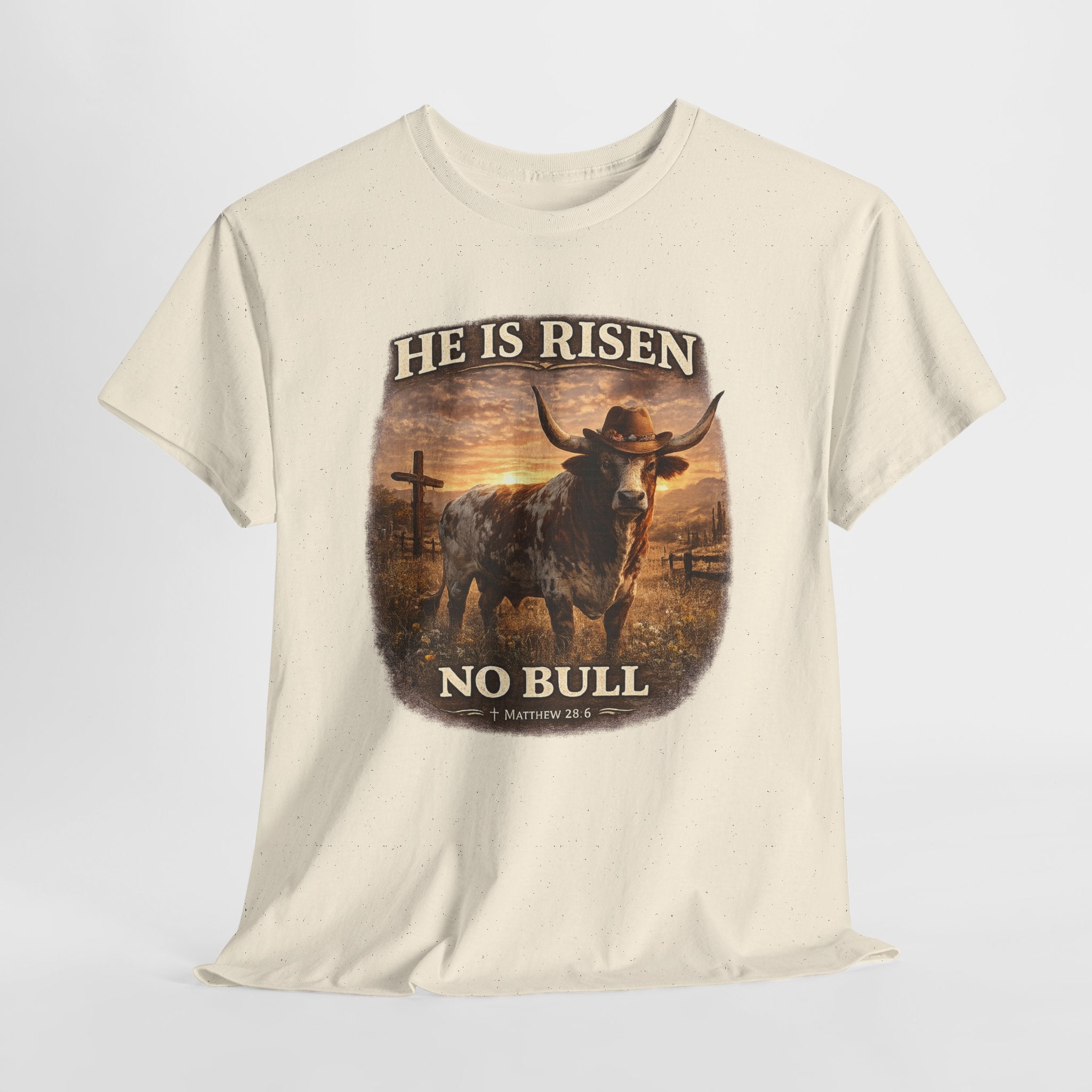 He Is Risen No Bull Christian Cowboy Shirt – Matthew 28:6 Easter Faith Western Graphic Tee