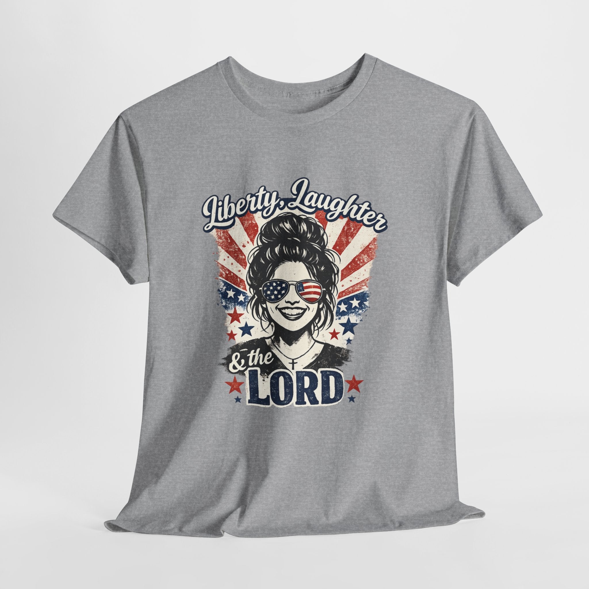 Liberty Laughter & The Lord Patriotic Christian Shirt, Funny Faith USA Graphic Tee, American Flag Sunglasses Women T-Shirt