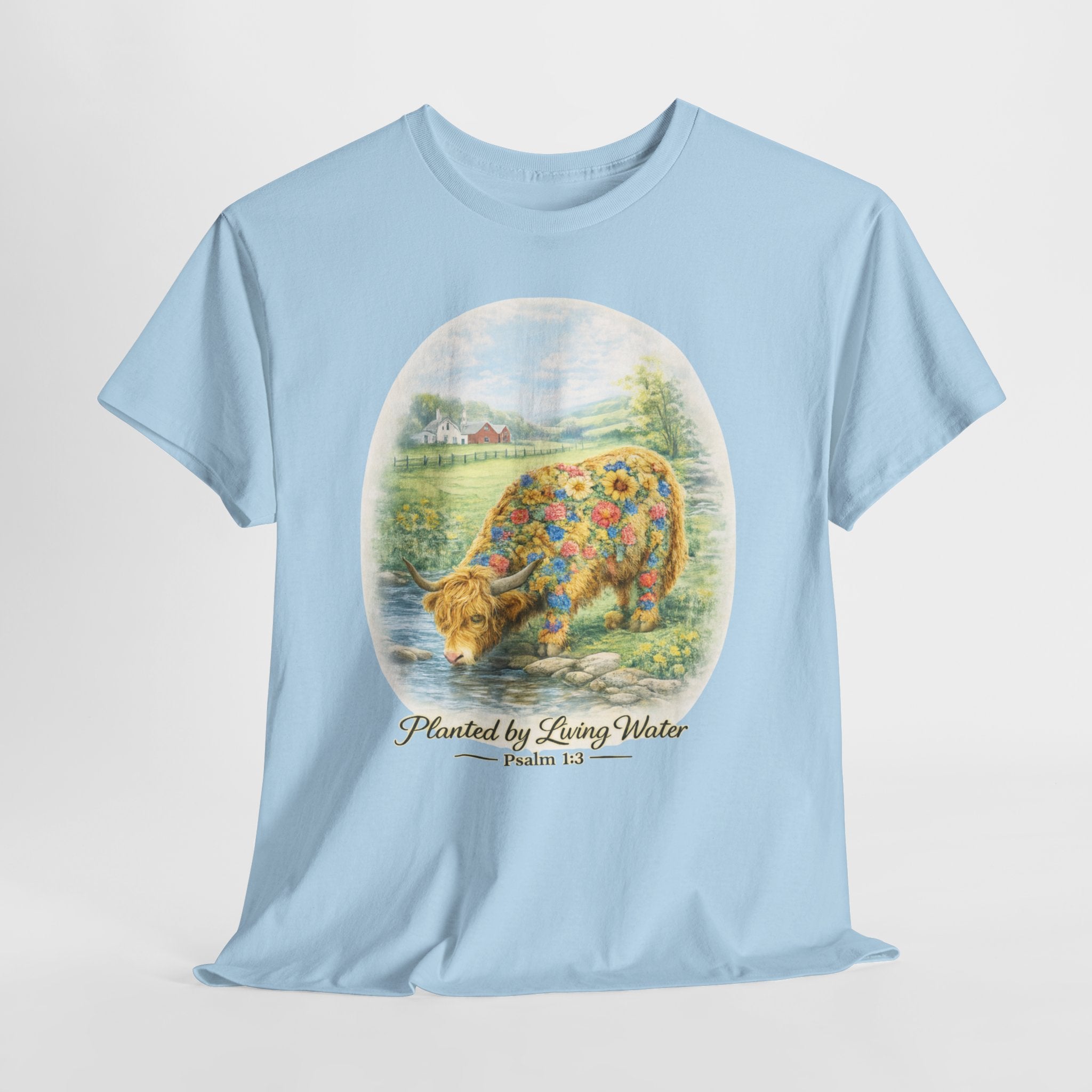 Highland Cow Planted by Living Water Shirt – Psalm 1:3 Christian Floral Cow Faith Graphic Tee