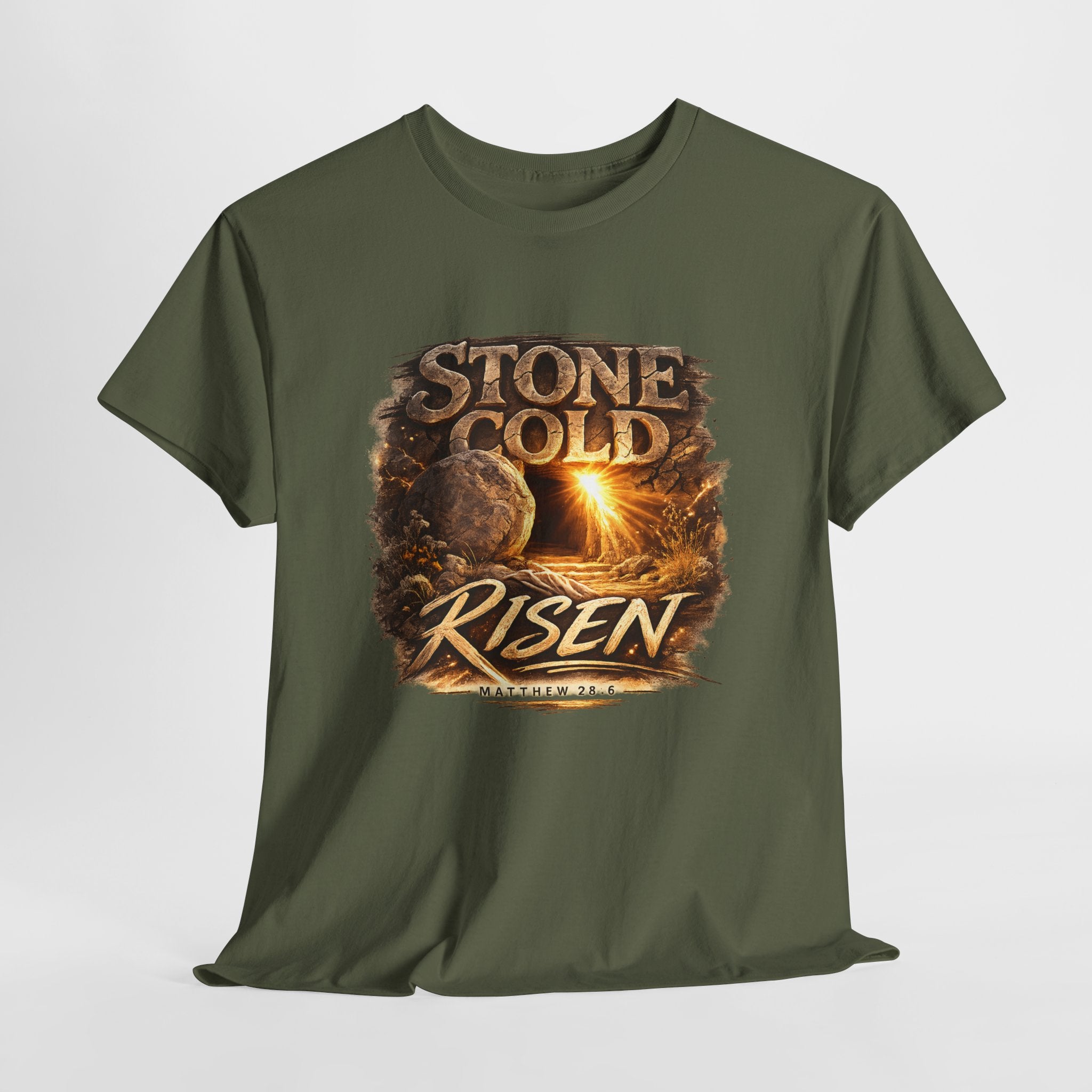 Stone Cold Risen Christian Shirt – Matthew 28:6 Bible Verse – Empty Tomb Resurrection Shirt – Easter Christian Graphic Tee