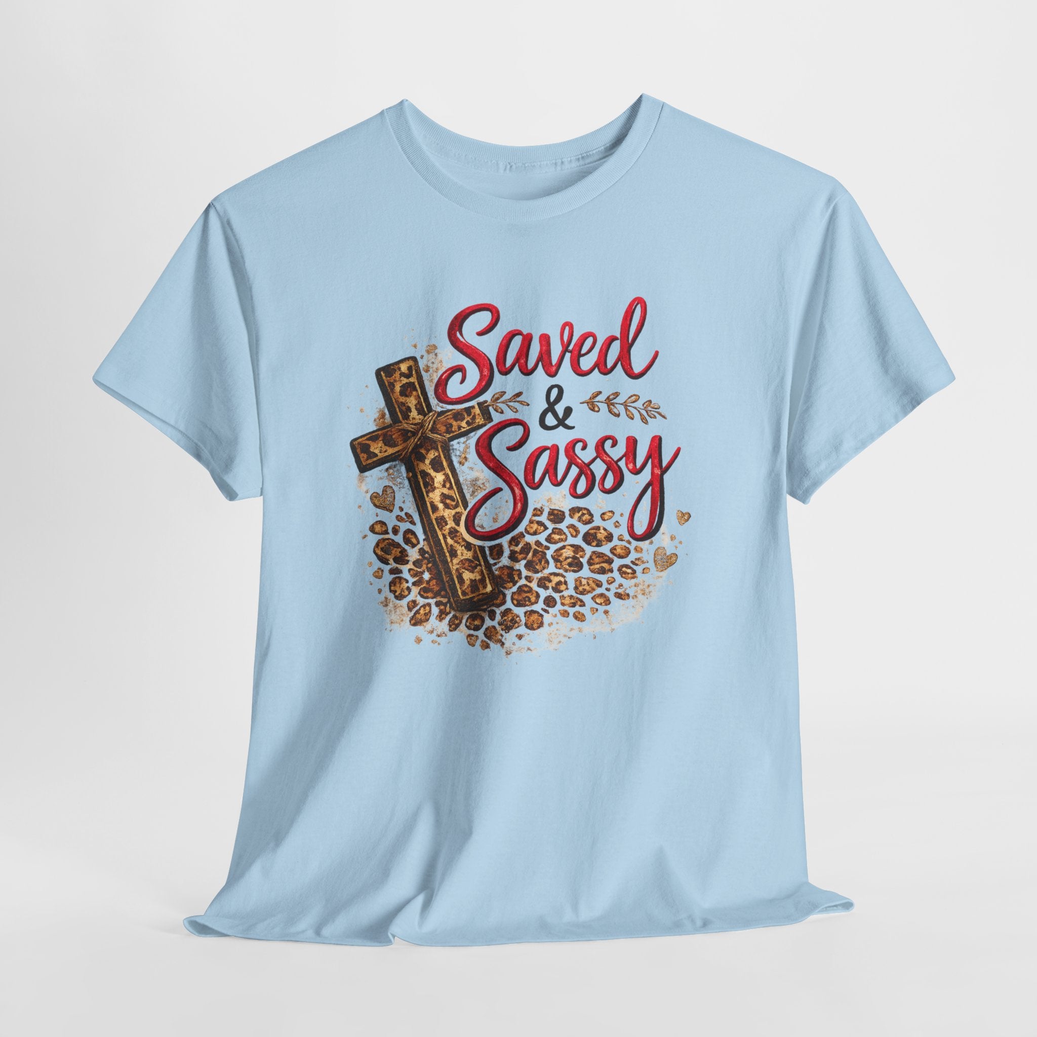 Saved and Sassy Christian Shirt – Funny Faith Women’s Tee – Leopard Cross Christian Graphic Shirt