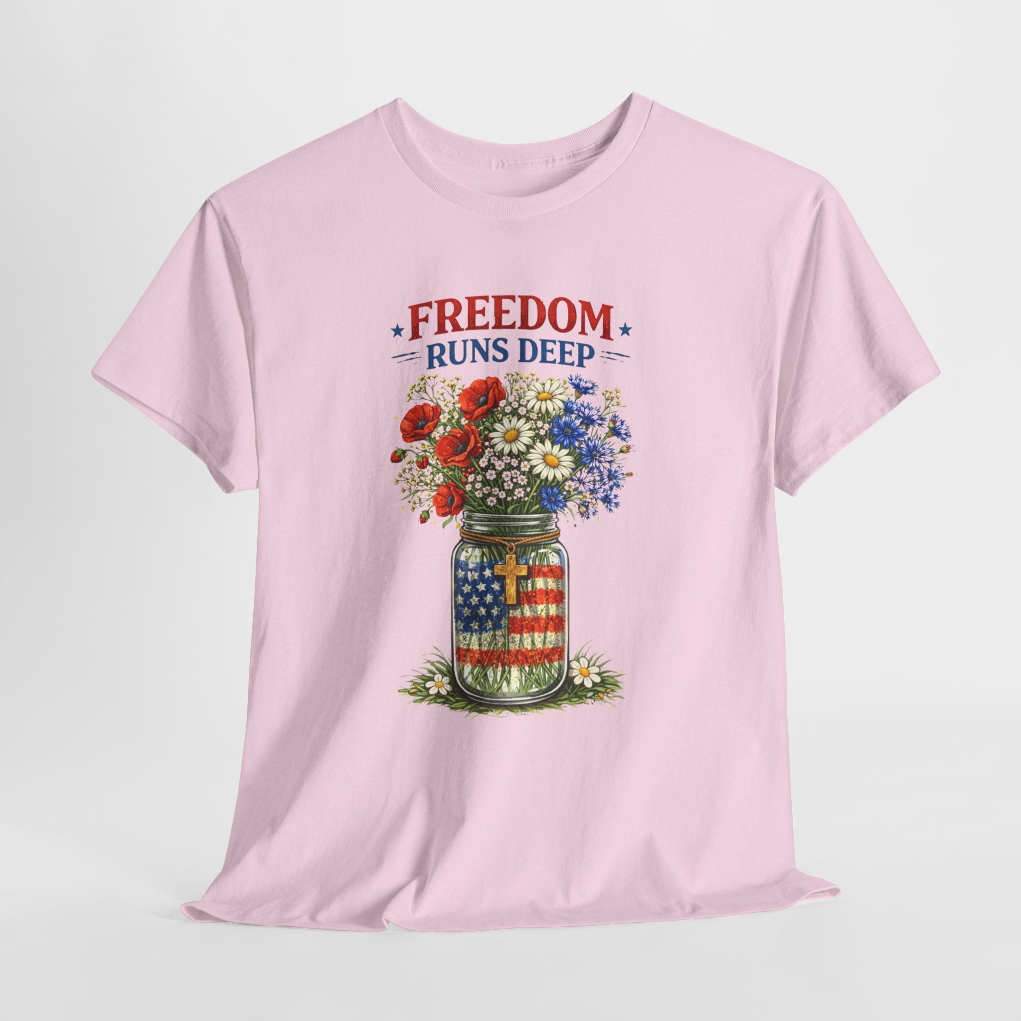 Freedom Runs Deep Patriotic Christian Shirt, Mason Jar American Flag Flowers Tee, Faith Based 4th of July T-Shirt