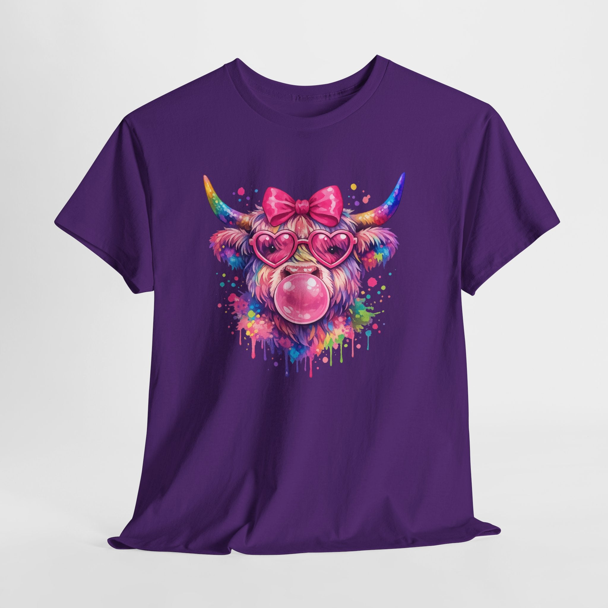 Colorful Highland Cow Shirt – Cute Cow Graphic Tee with Sunglasses, Bubblegum Animal T-Shirt