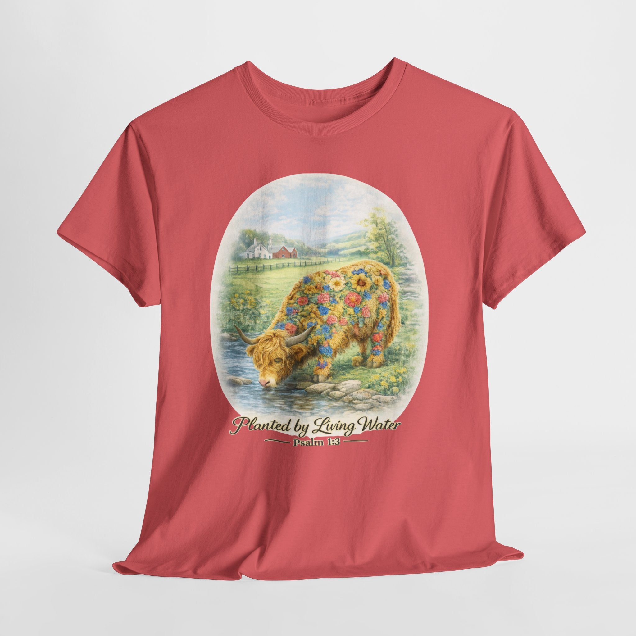 Highland Cow Planted by Living Water Shirt – Psalm 1:3 Christian Floral Cow Faith Graphic Tee