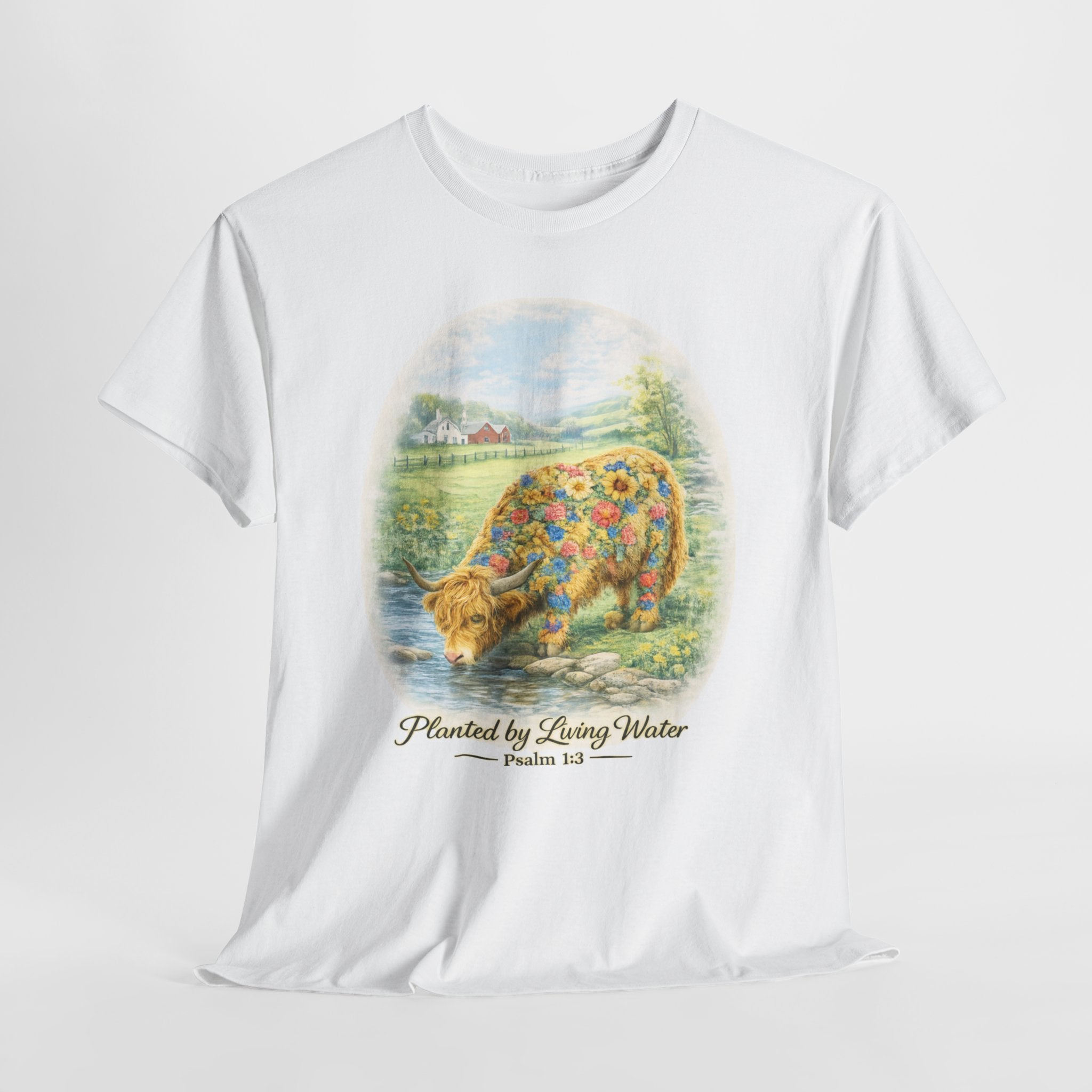 Highland Cow Planted by Living Water Shirt – Psalm 1:3 Christian Floral Cow Faith Graphic Tee