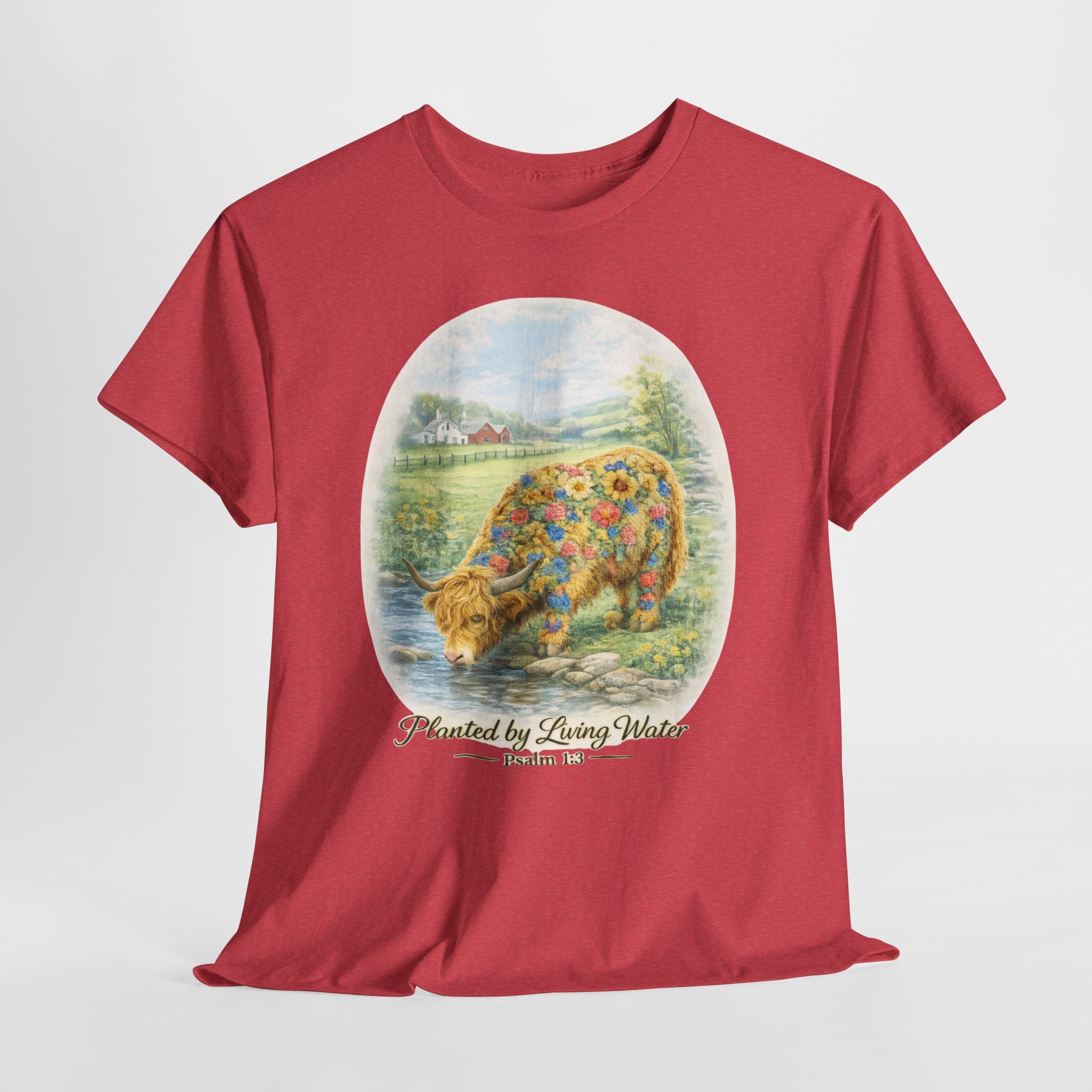 Highland Cow Planted by Living Water Shirt – Psalm 1:3 Christian Floral Cow Faith Graphic Tee