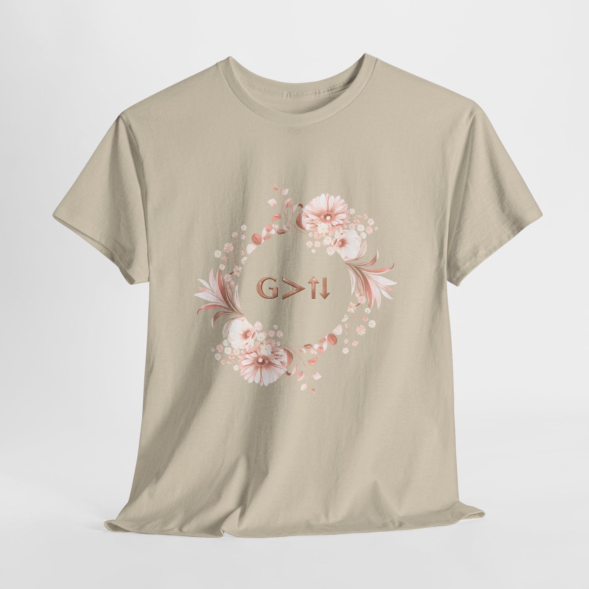 God Greater Than Highs and Lows Christian Shirt – G>↑↓ Faith Floral Wreath Tee – Inspirational Christian Women’s Shirt